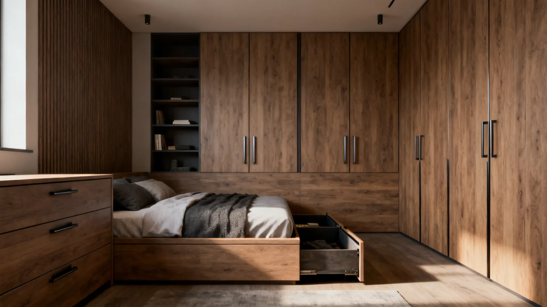 Small bedroom with under-bed drawers and streamlined built-in storage for a tidy look.