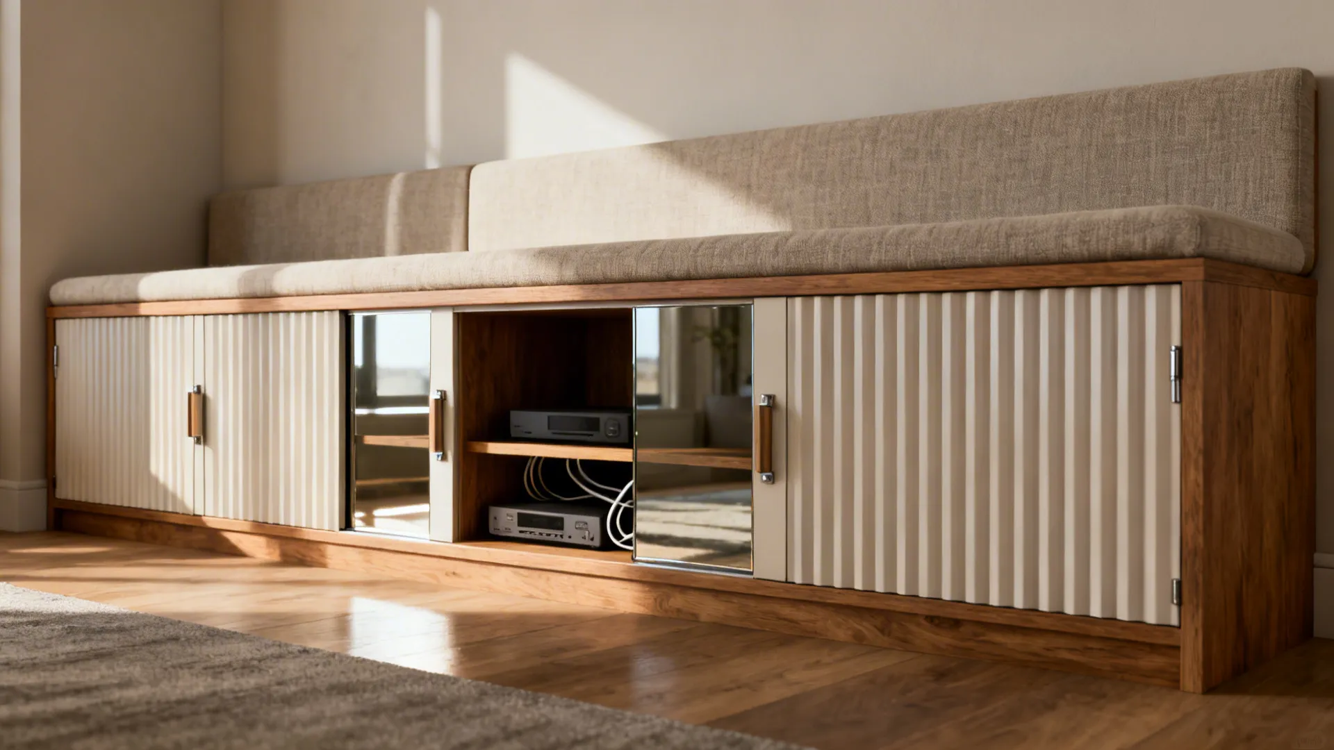 Built-in credenza banquette and fluted media cabinet keep an open living-dining room tidy.