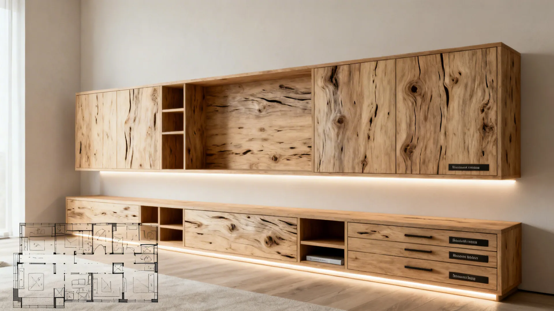 Shallow floating cabinets and modular media storage with LED strips in a small living room.