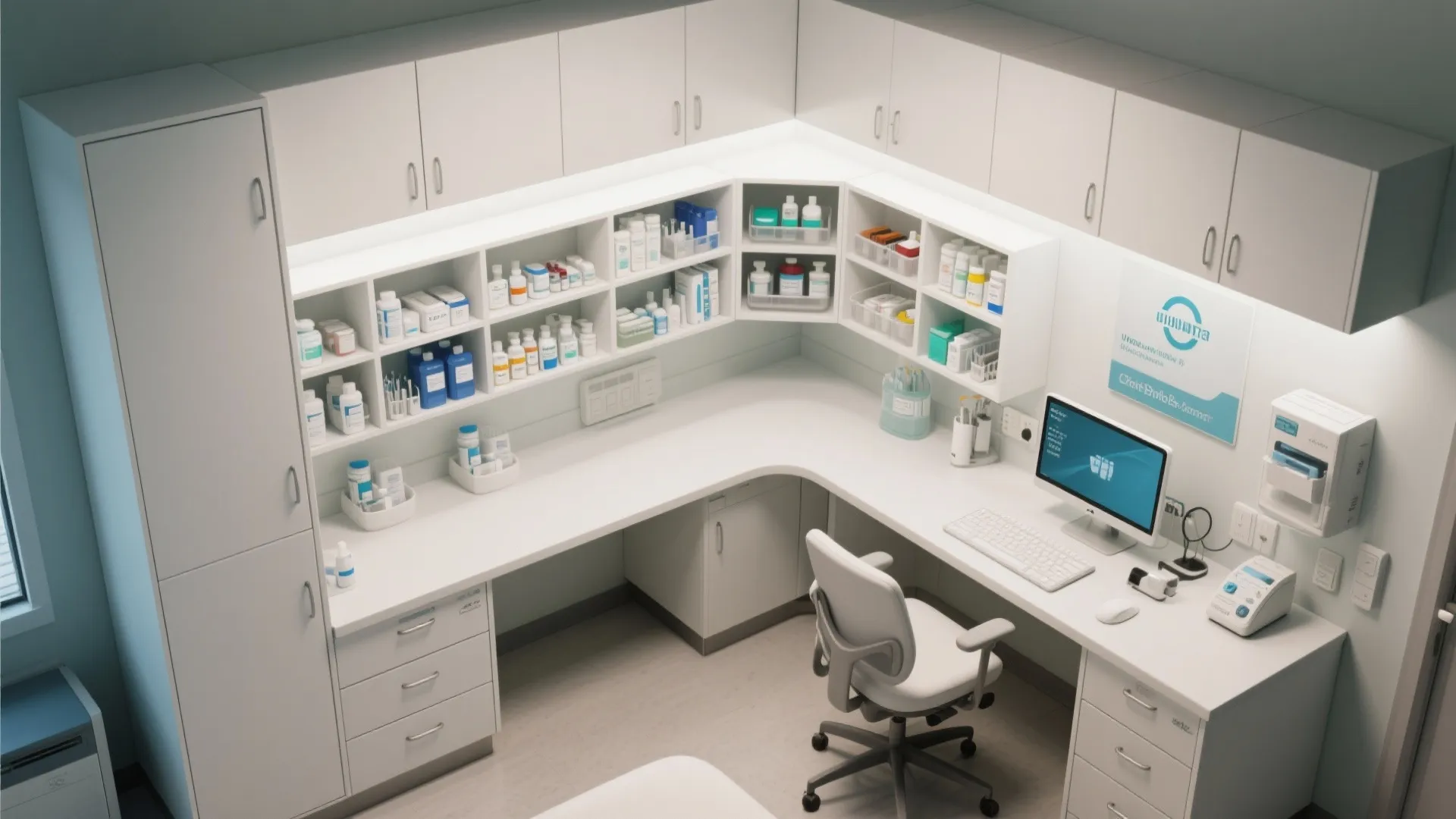 Modern medical clinic storage room with white cabinets organized medicine bottles desk computer and office chair