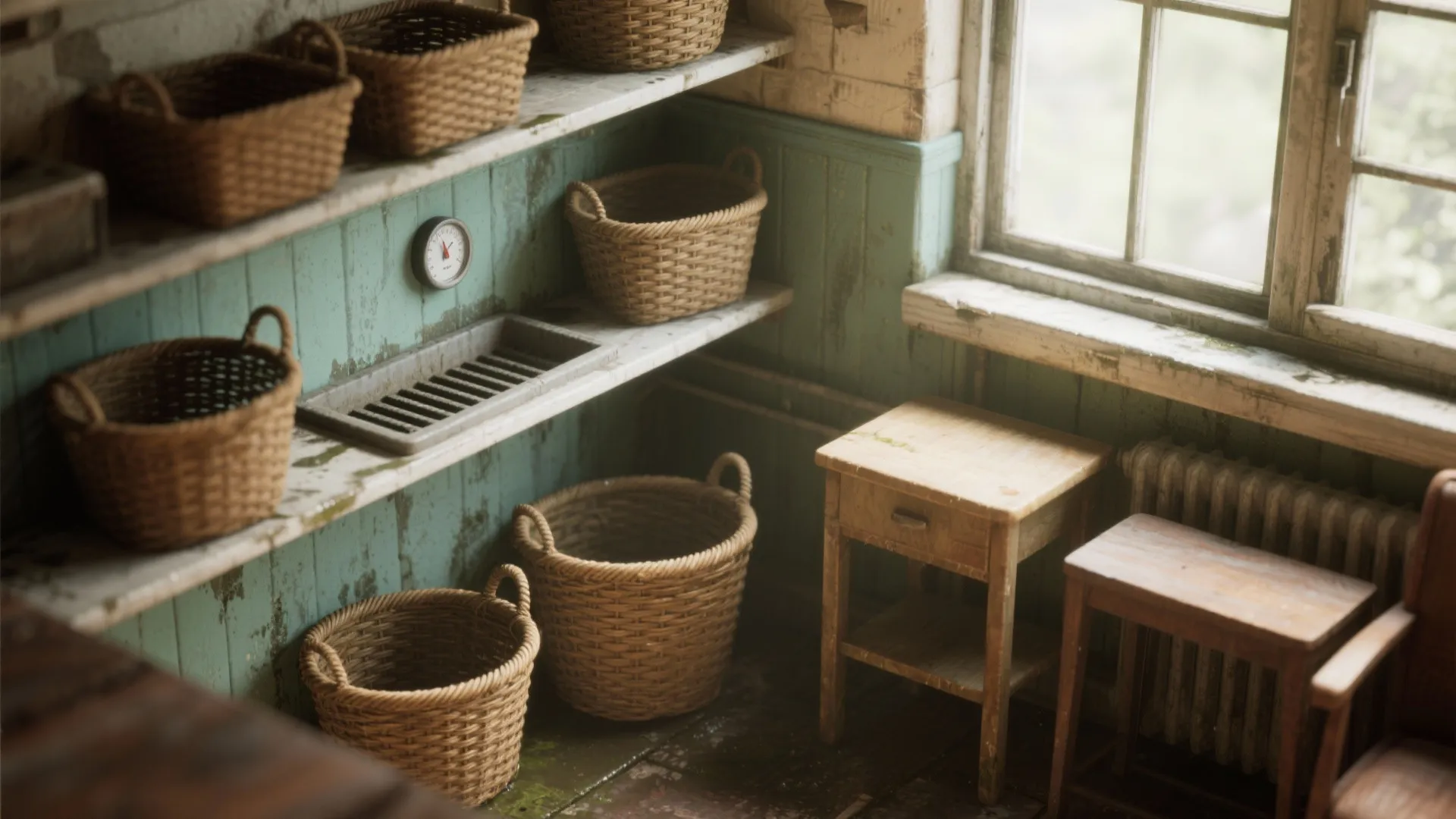 Rustic storage corner with many woven baskets on shelves next to a small wooden table