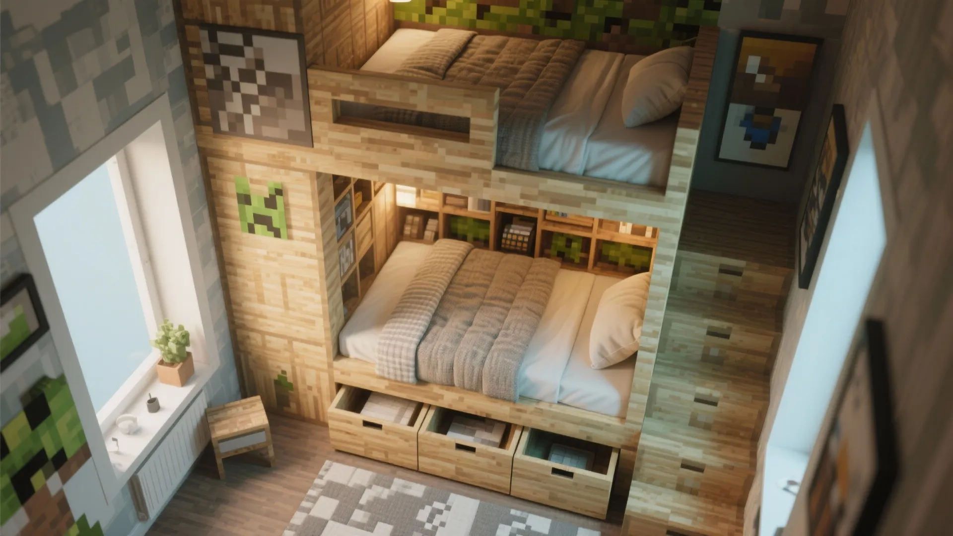 Top-down view of Minecraft-inspired bedroom with hidden storage solutions