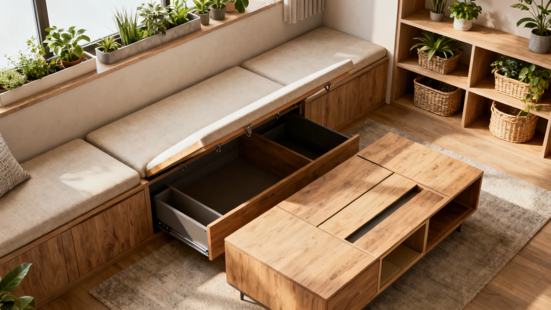 Multifunctional bench and coffee table with hidden storage in a compact living room.