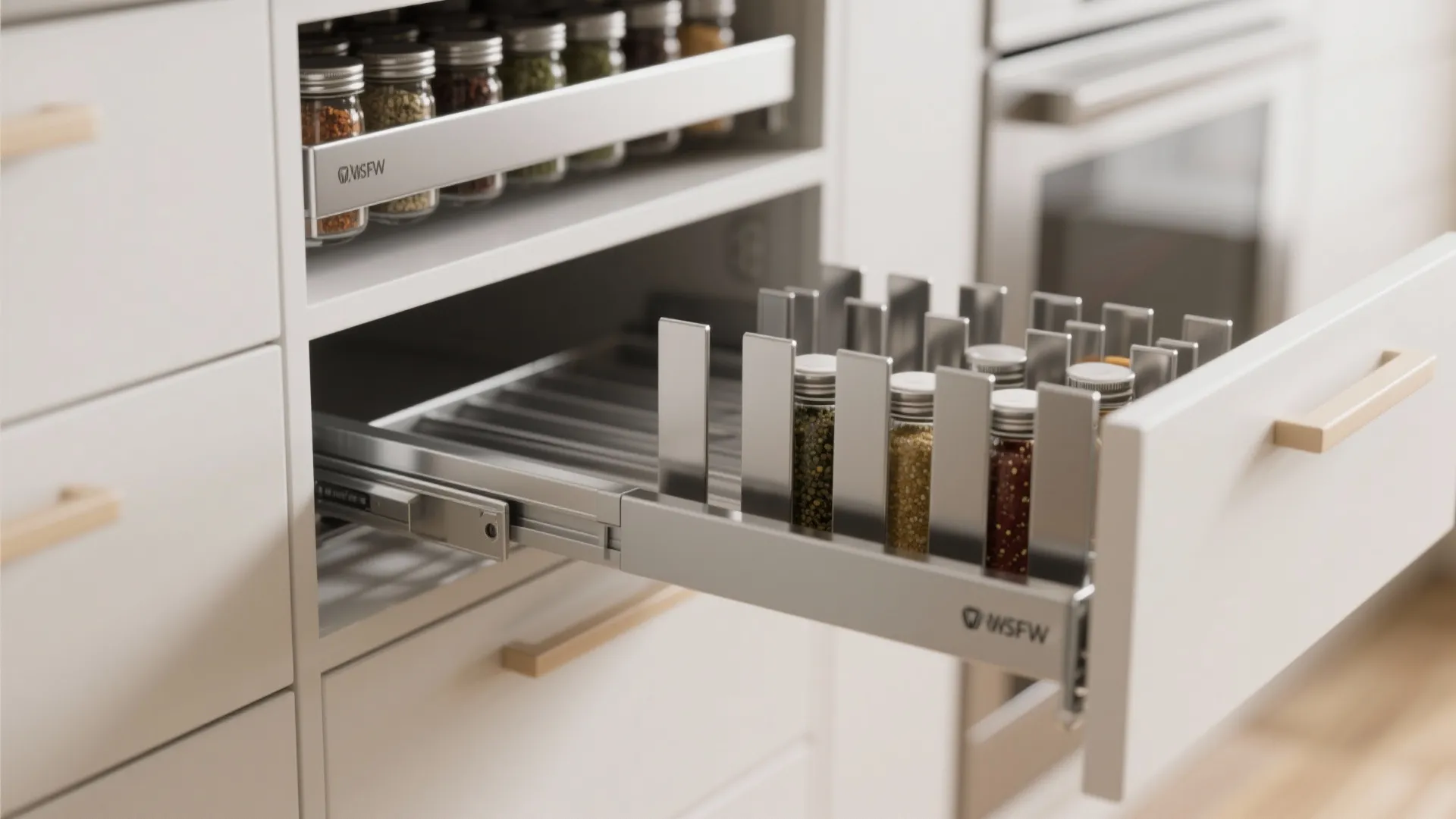 Close up of pull out spice drawer organizer in white kitchen cabinet with metal spice jars