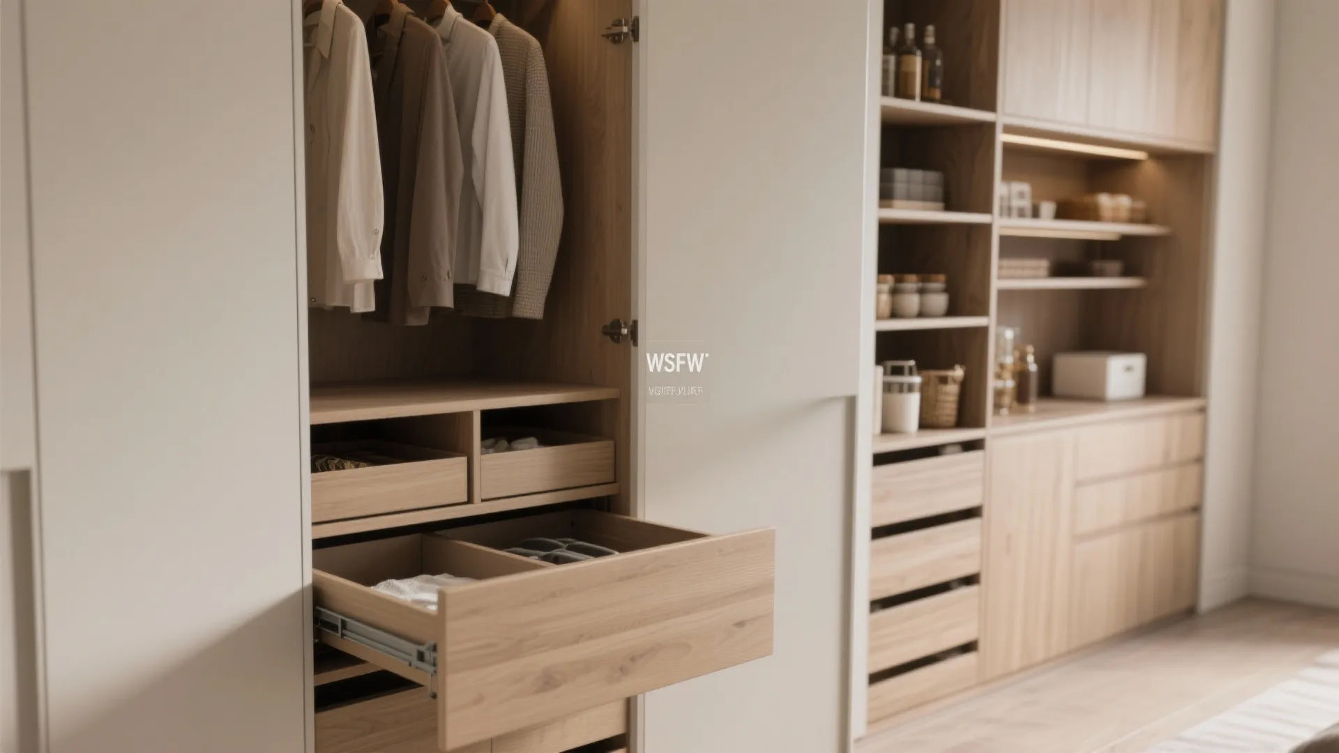 Wooden closet with open drawers and hanging clothes next to a large storage wall cabinet