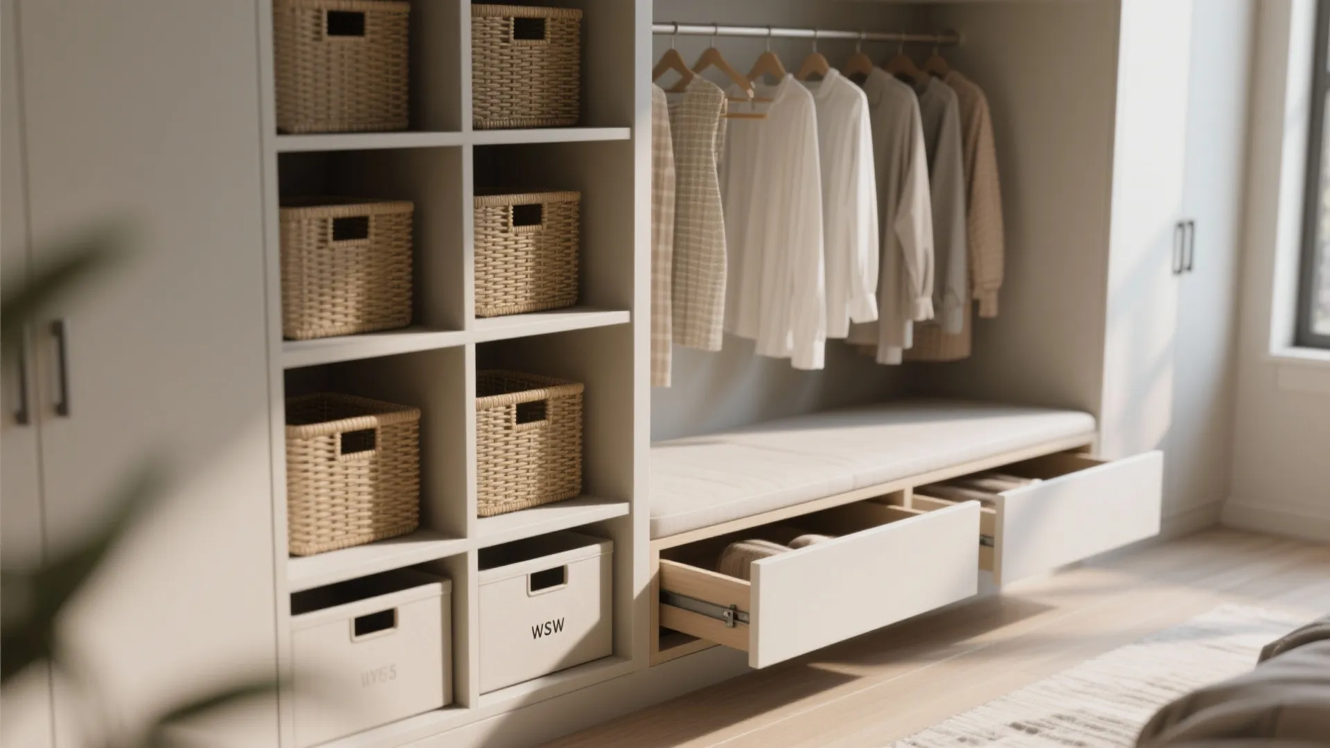 Close-up of built-in shelving and closet organizers demonstrating smart storage solutions