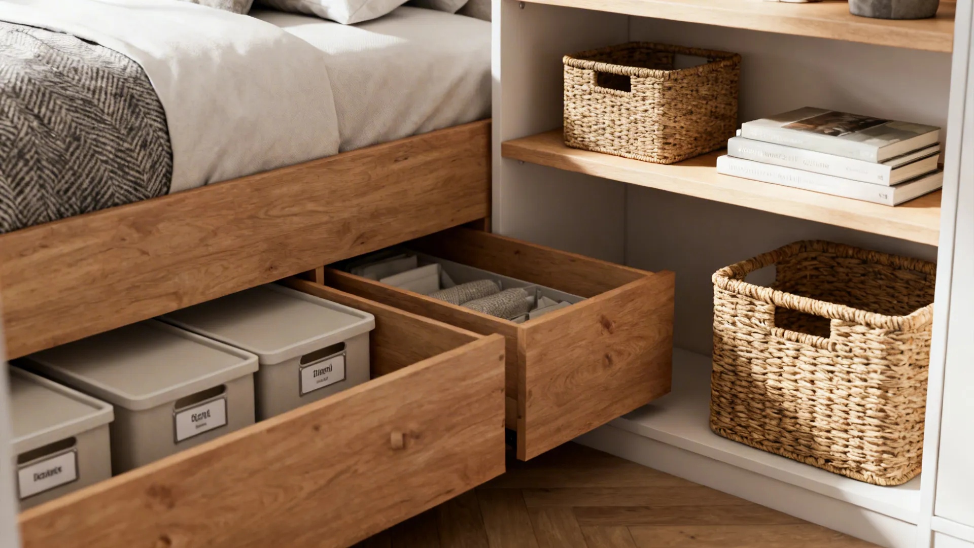 Wooden bed with open storage drawers next to white cabinet with books and woven baskets
