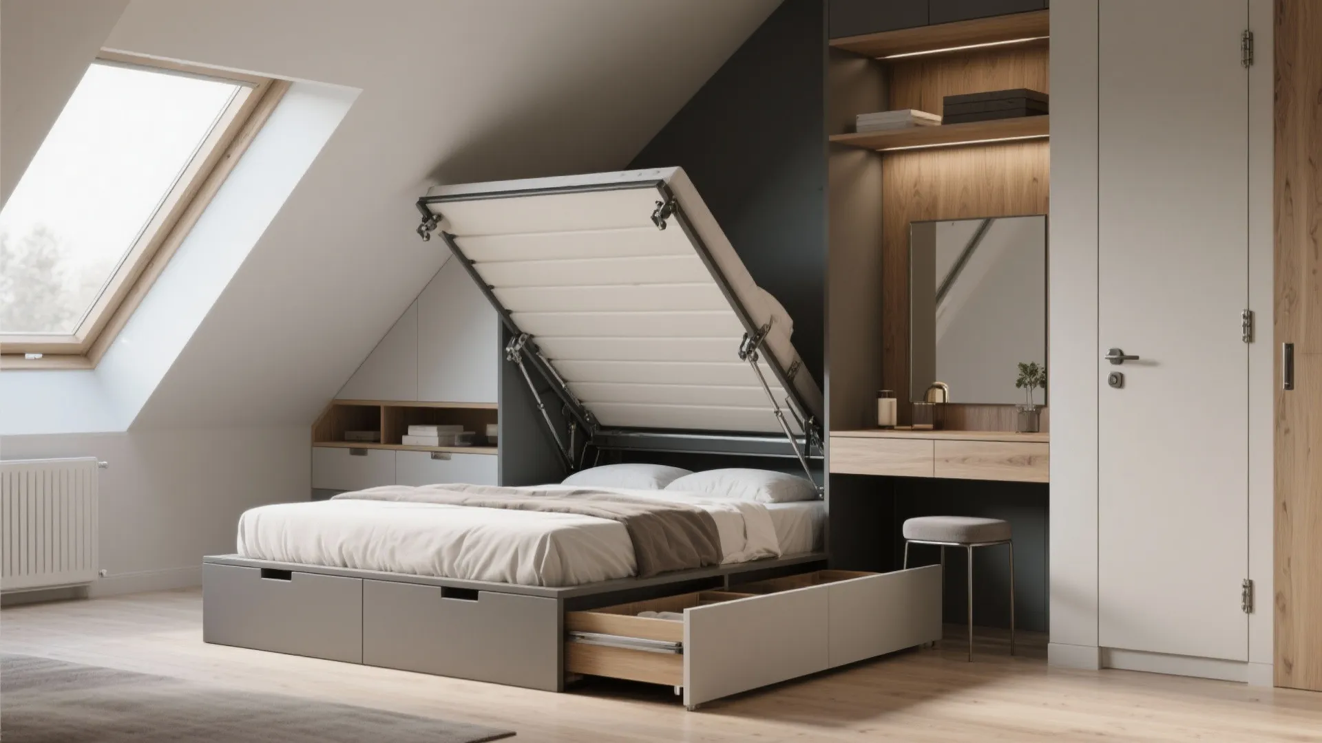 Lift-up bed storage and a fold-down vanity in a sloped attic bedroom.