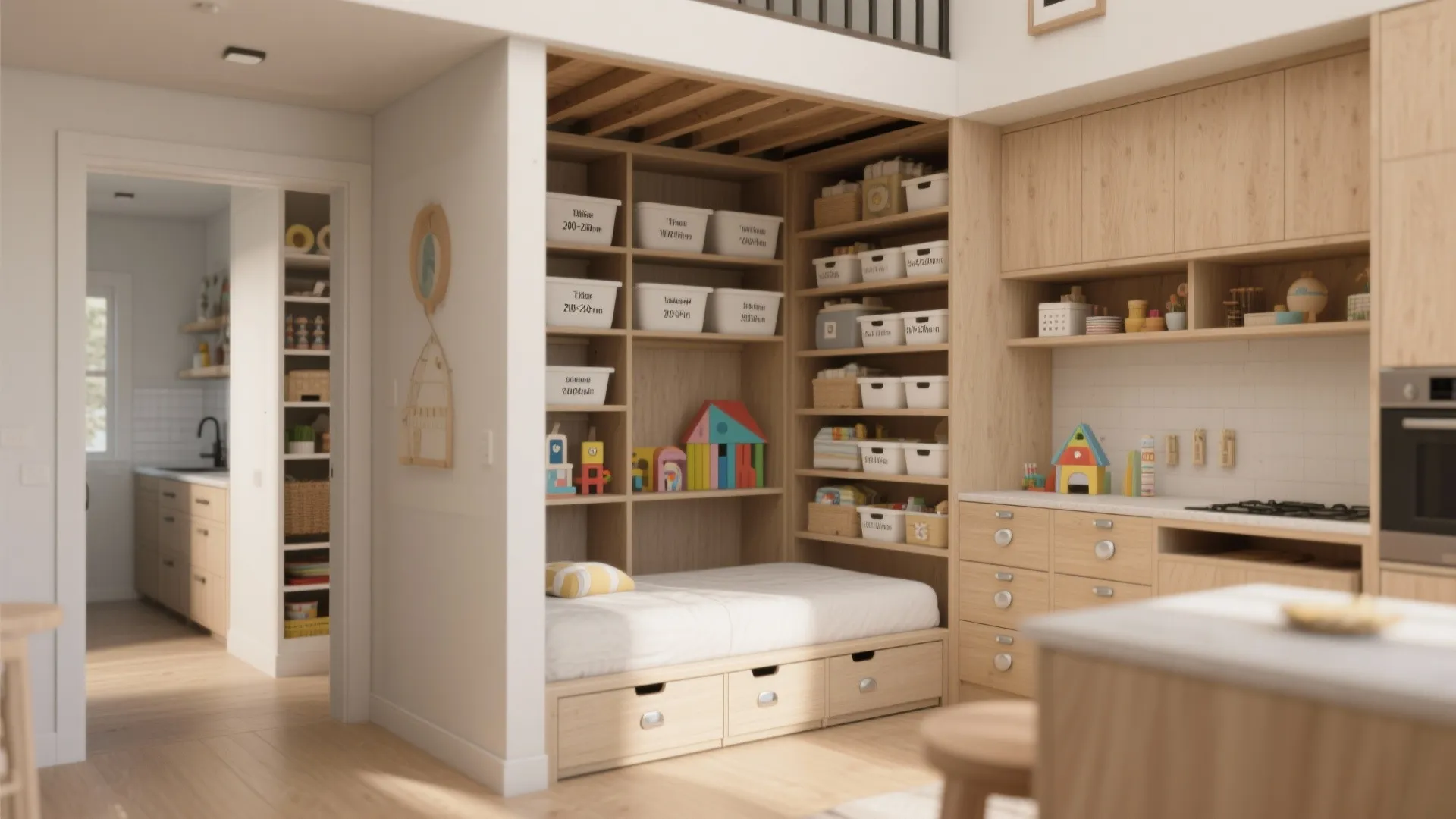 Smart wooden kitchen storage with white boxes and small bed for efficient small space room layout