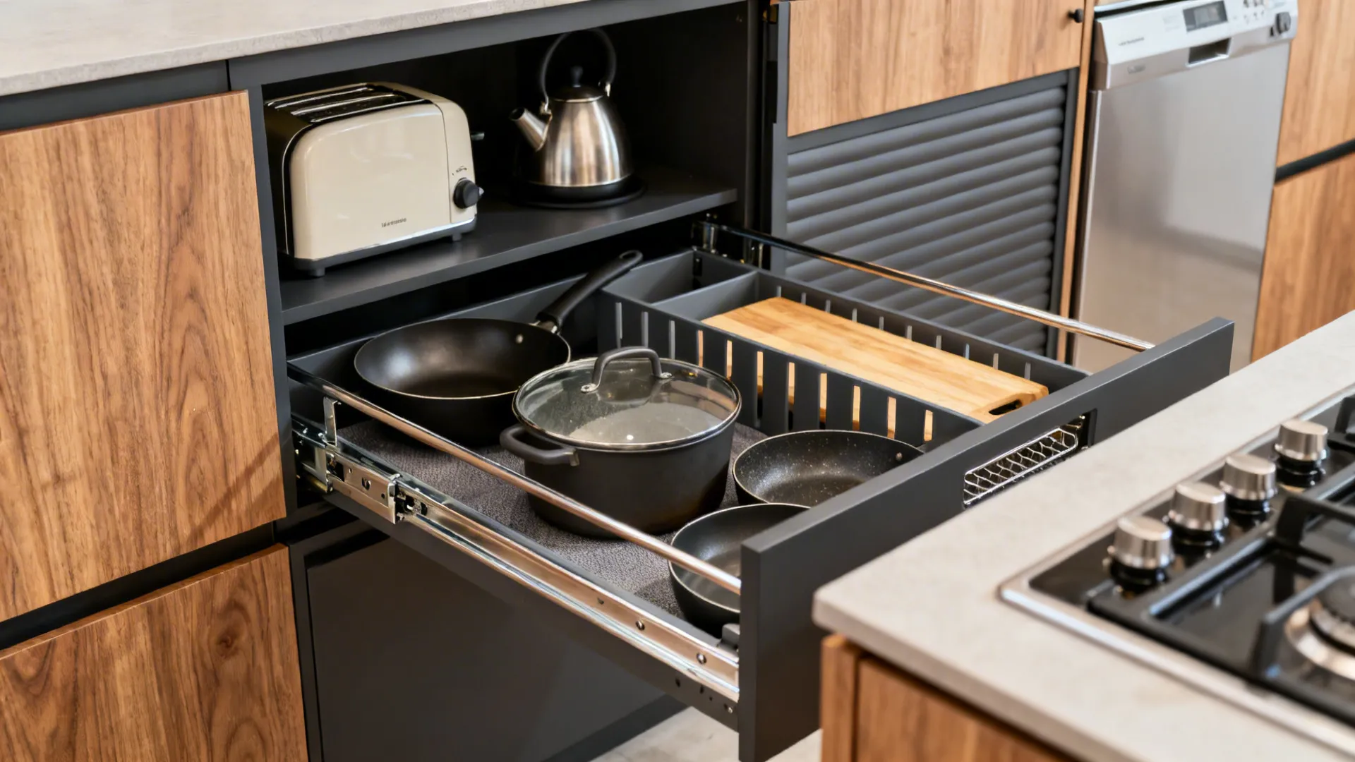 Close-ups of an appliance garage in the dry zone and deep drawers with dividers in the wet zone.