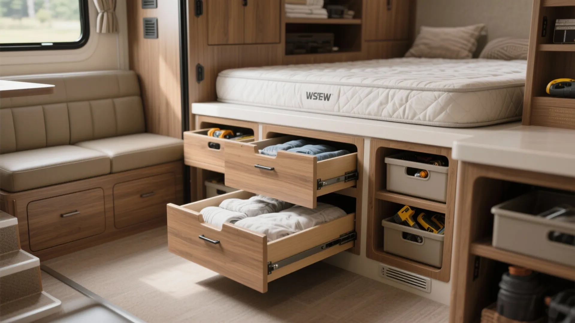 Under-bed drawers, stair riser storage and hidden bench bins in a fifth wheel interior.