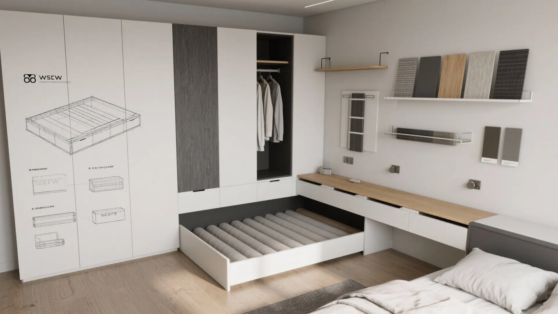 Custom cabinet system in bedroom with interior design drawing showing smart storage and material samples