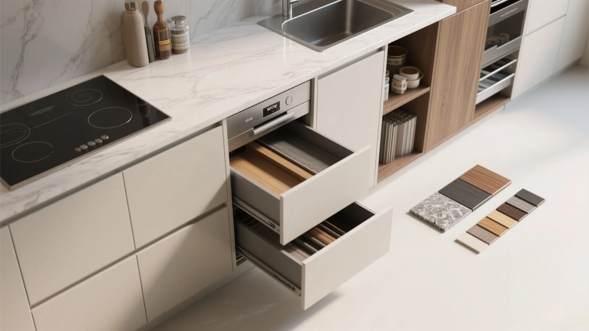 Flatlay of slim pull-out pantry, narrow island drawers and material swatches for compact kitchen storage.