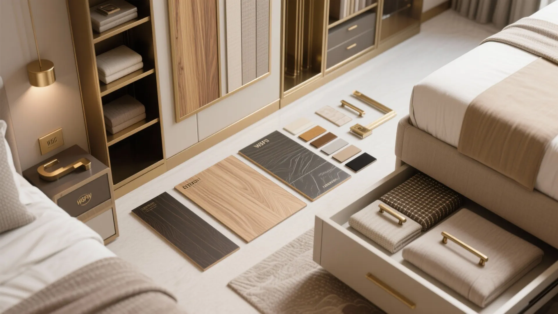 Material flatlay of storage solutions: wood veneer, flooring, textiles and hardware for a luxe hotel suite.
