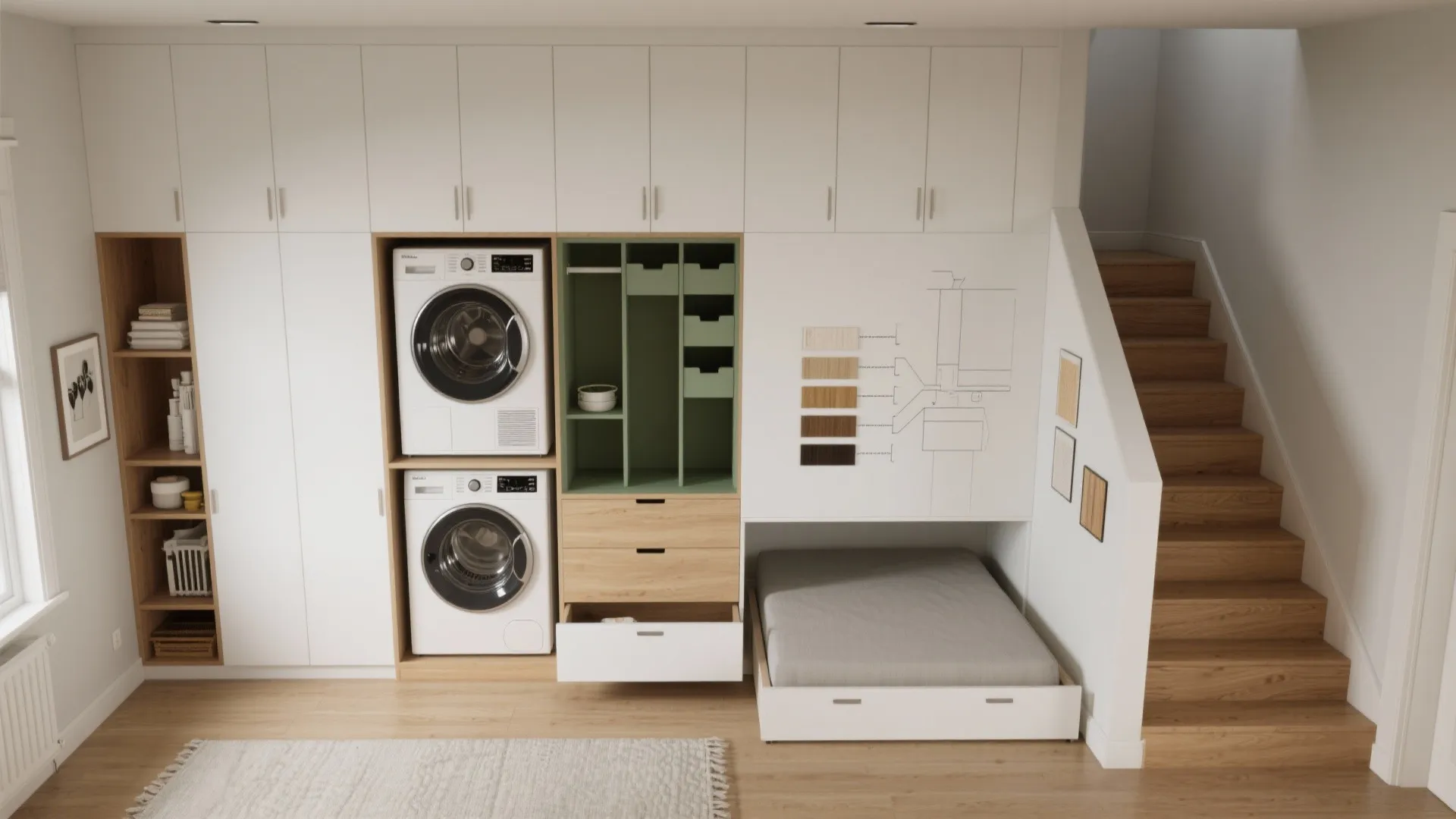 Built-in wall storage unit with washing machine, dryer, green shelves, bed, and wooden stairs design