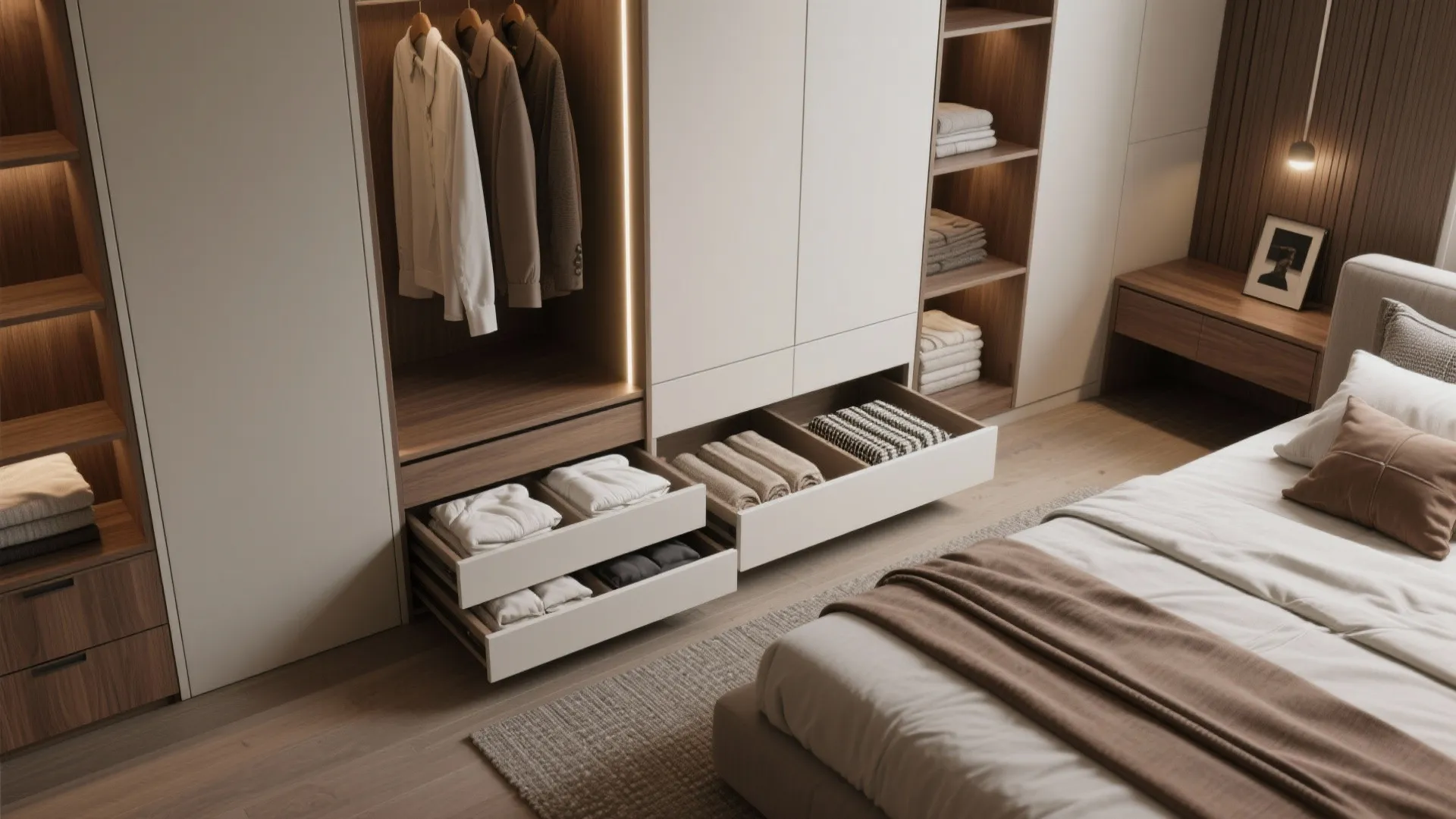 Built-in slim wardrobe, under-bed drawers, and storage niches with integrated lighting