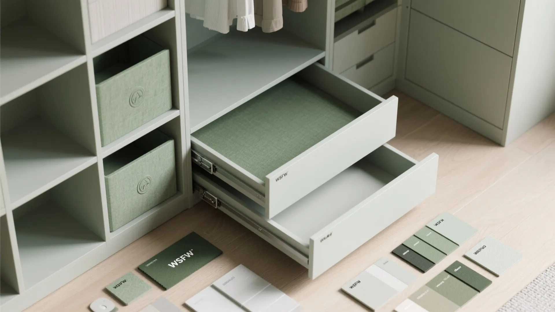 Flatlay of modular storage components and material samples for concealed storage
