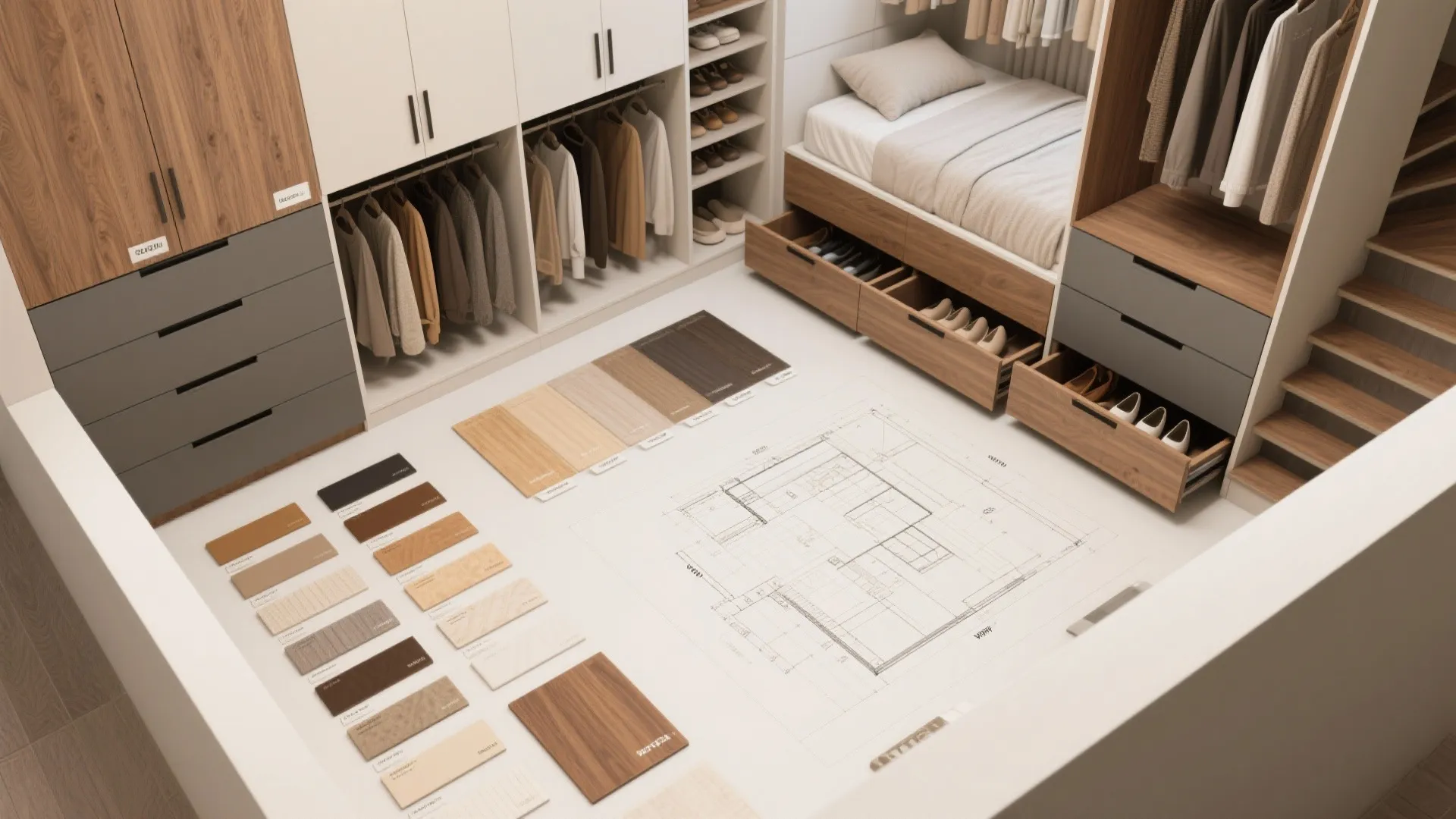 Top-down flatlay of material samples and plans for vertical storage solutions in a small home