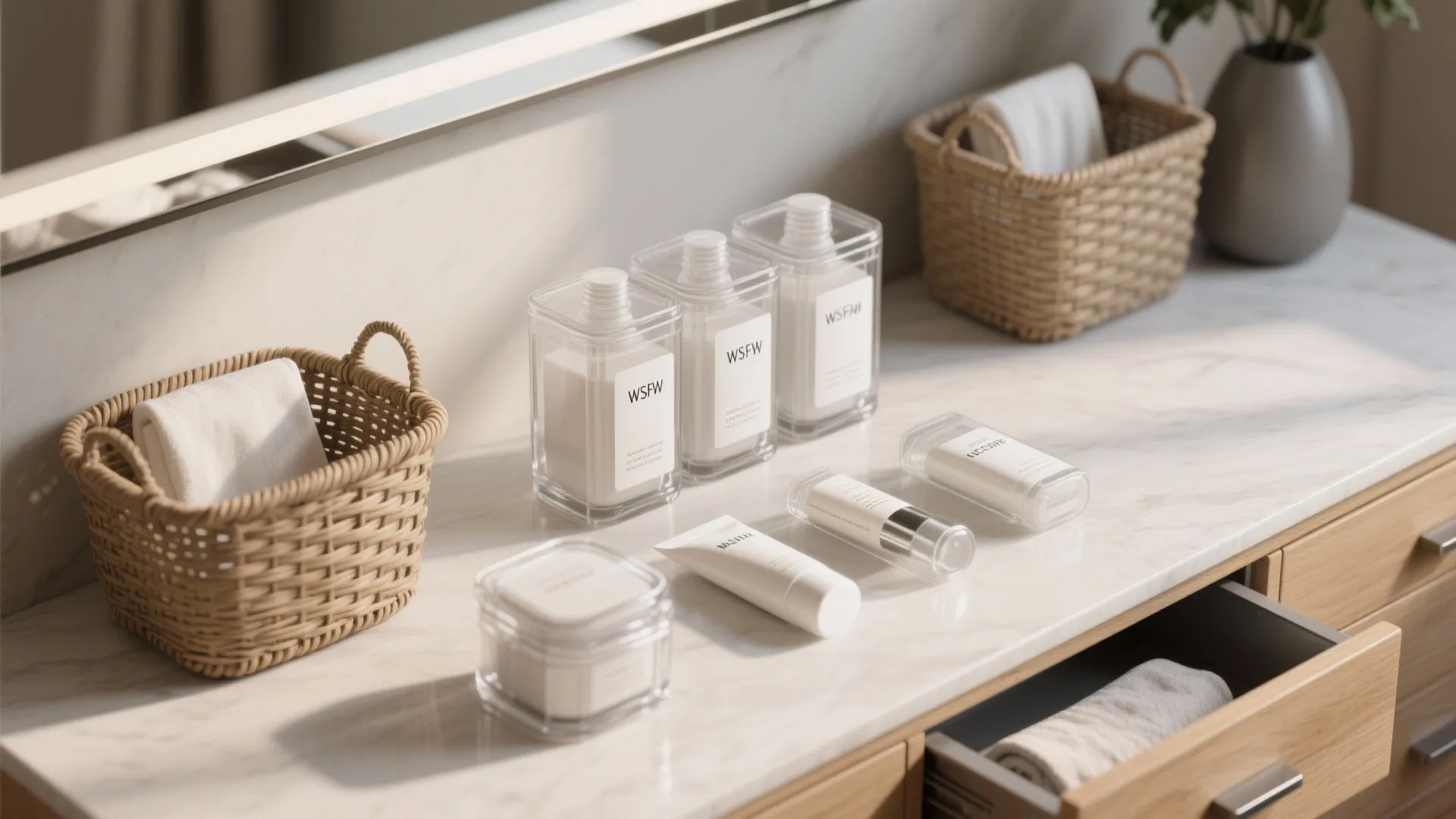 Neatly arranged sealed toiletry containers and labeled drawers showcasing minimal clutter storage.
