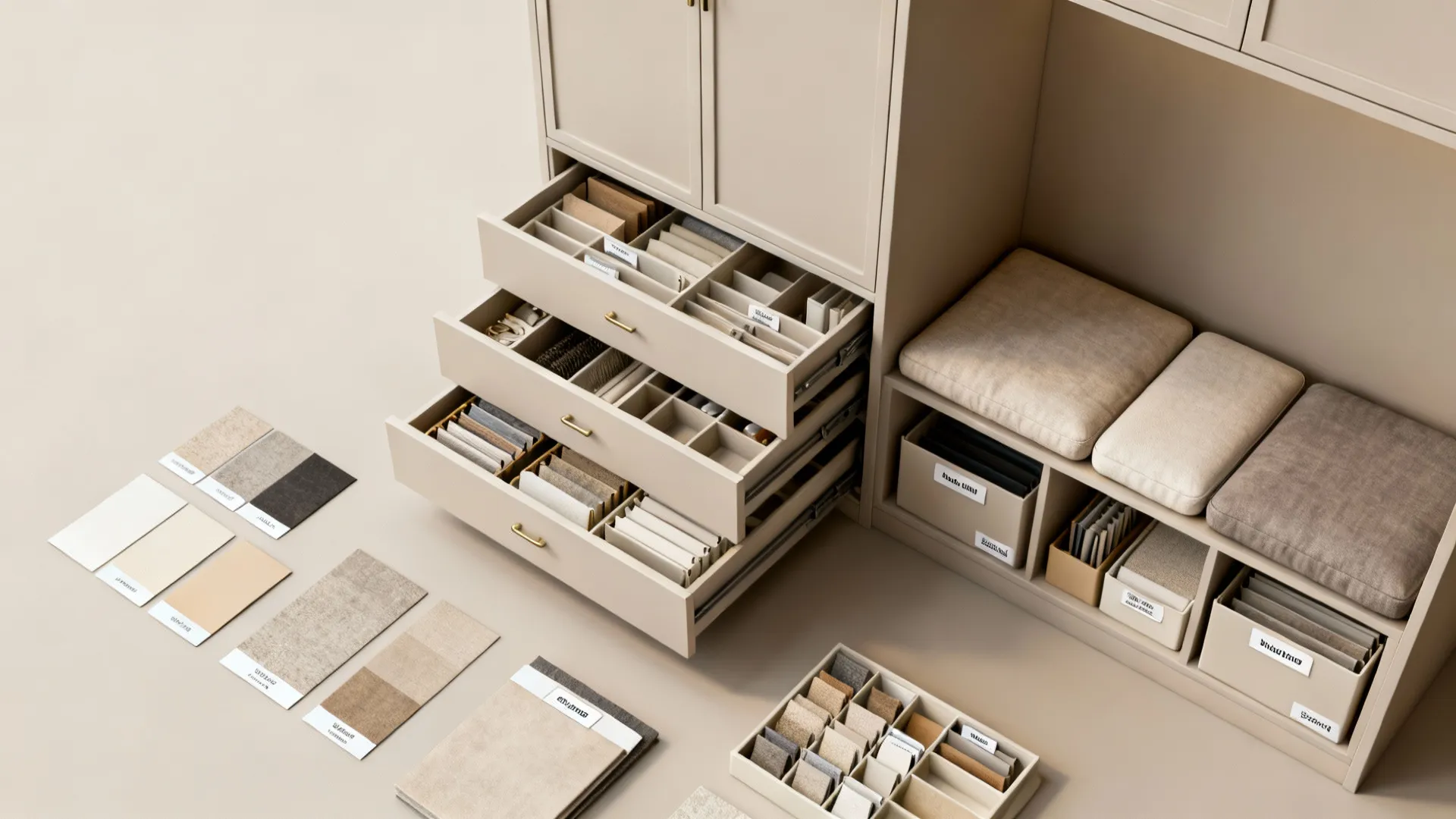 Top-down flatlay showing vertical storage, pull-out organizers, and built-in bench storage elements.