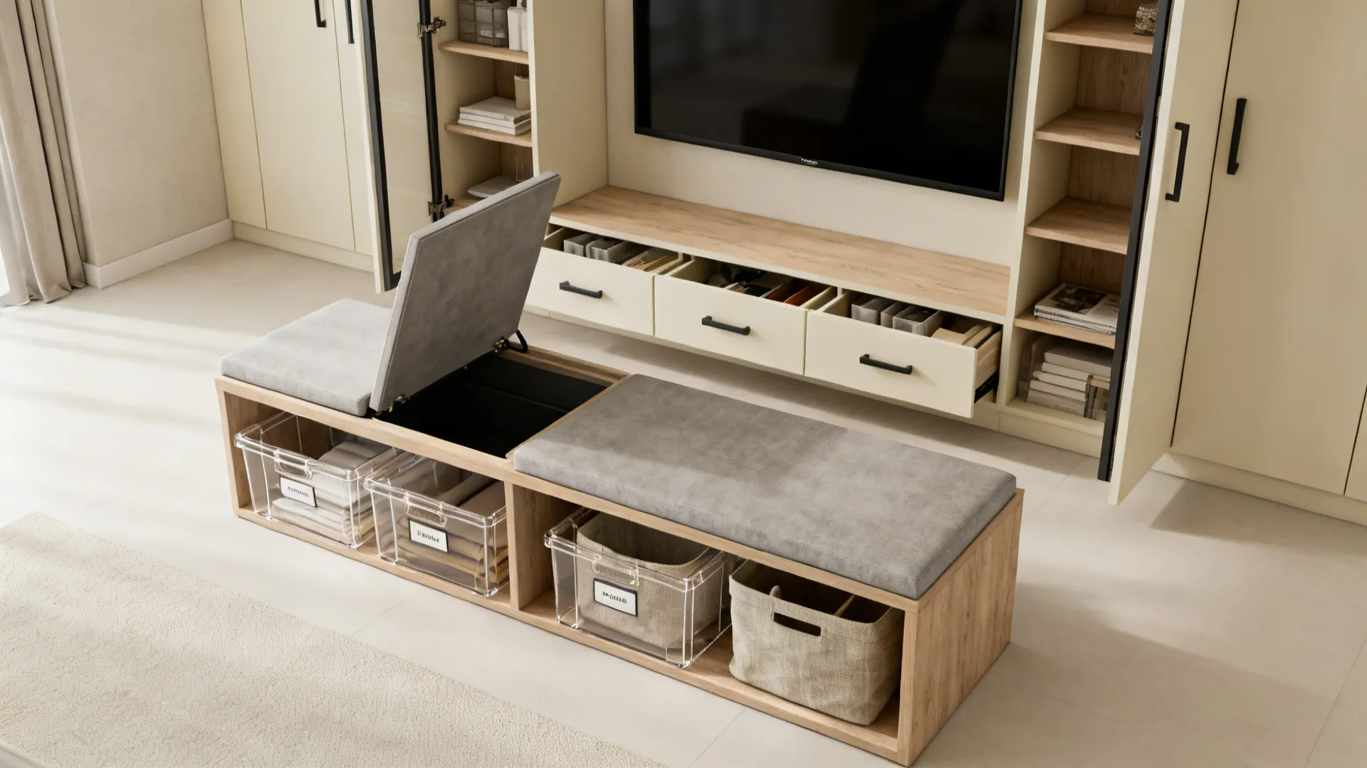 Smart hidden storage examples: lift-up bench, slim cabinets, and floating console in warm neutrals
