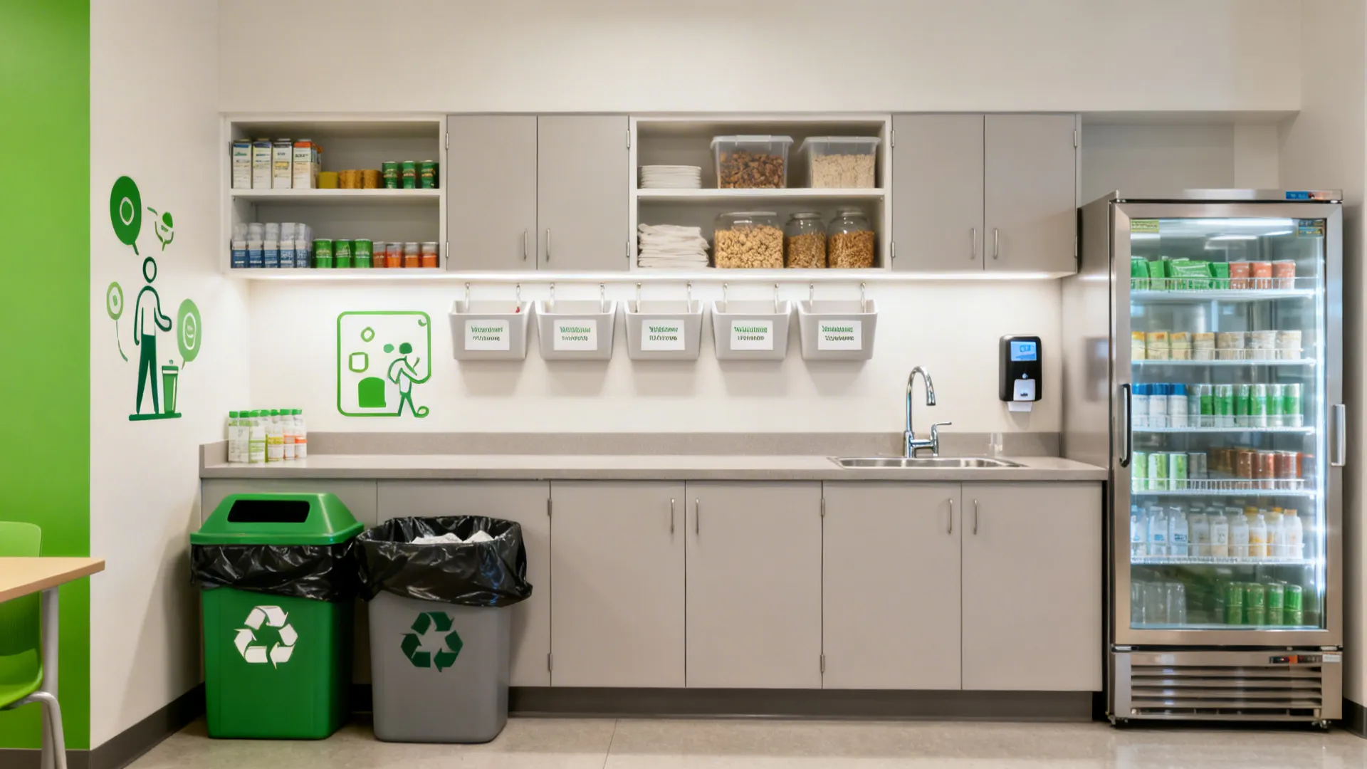 Open shelves, closed cabinets, glass-front fridge, hands-free faucet, and covered bins in a clean-up triangle.