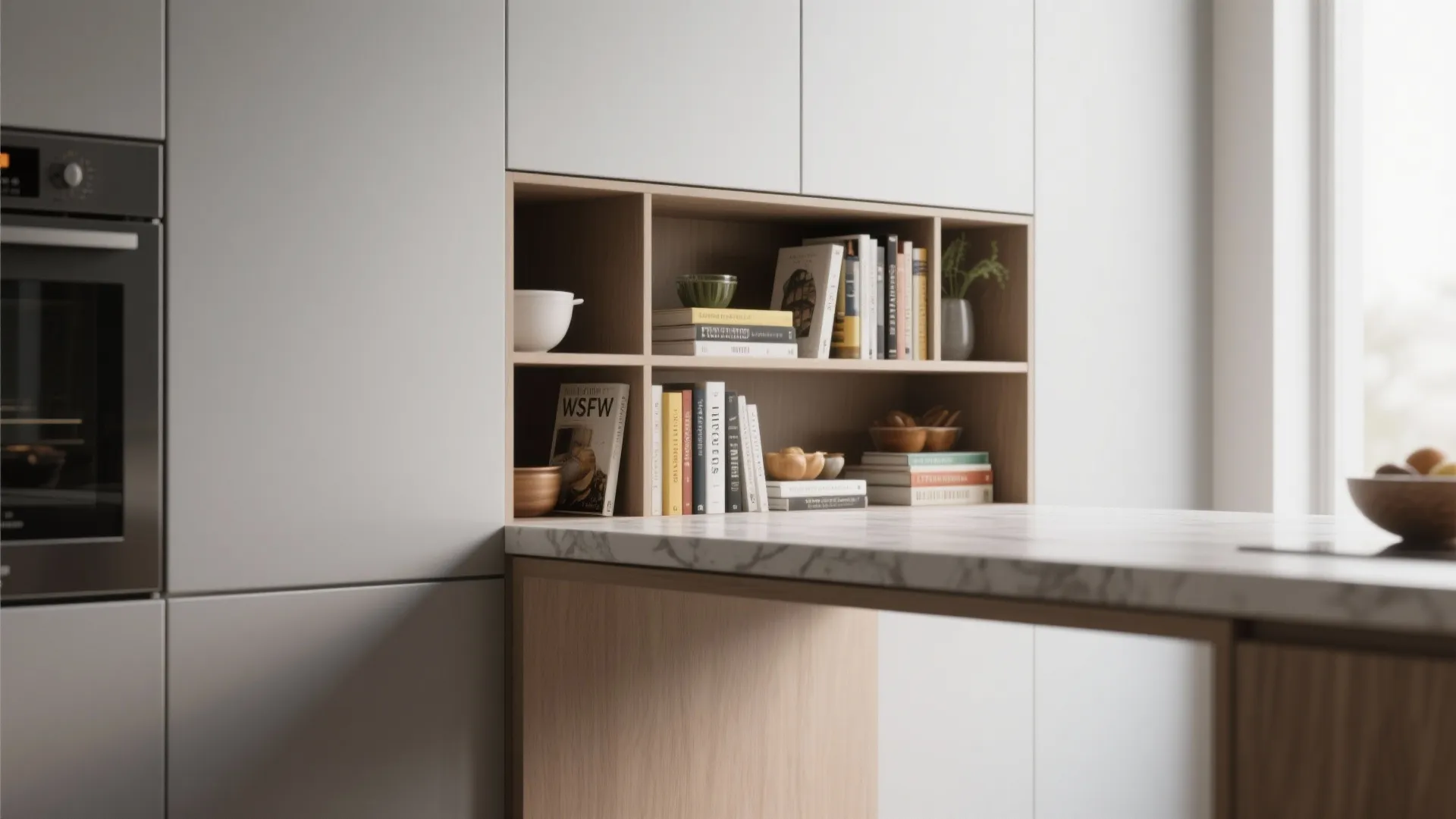 Hidden bookshelf in kitchen island with cookbooks