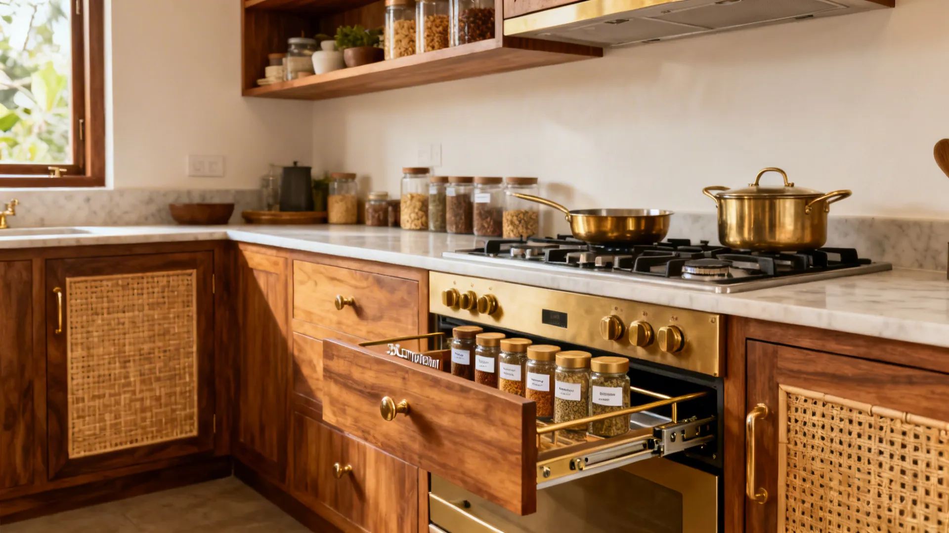 Spice pull-out, tandem drawers, and an overhead loft maximize storage in a small Kerala kitchen.