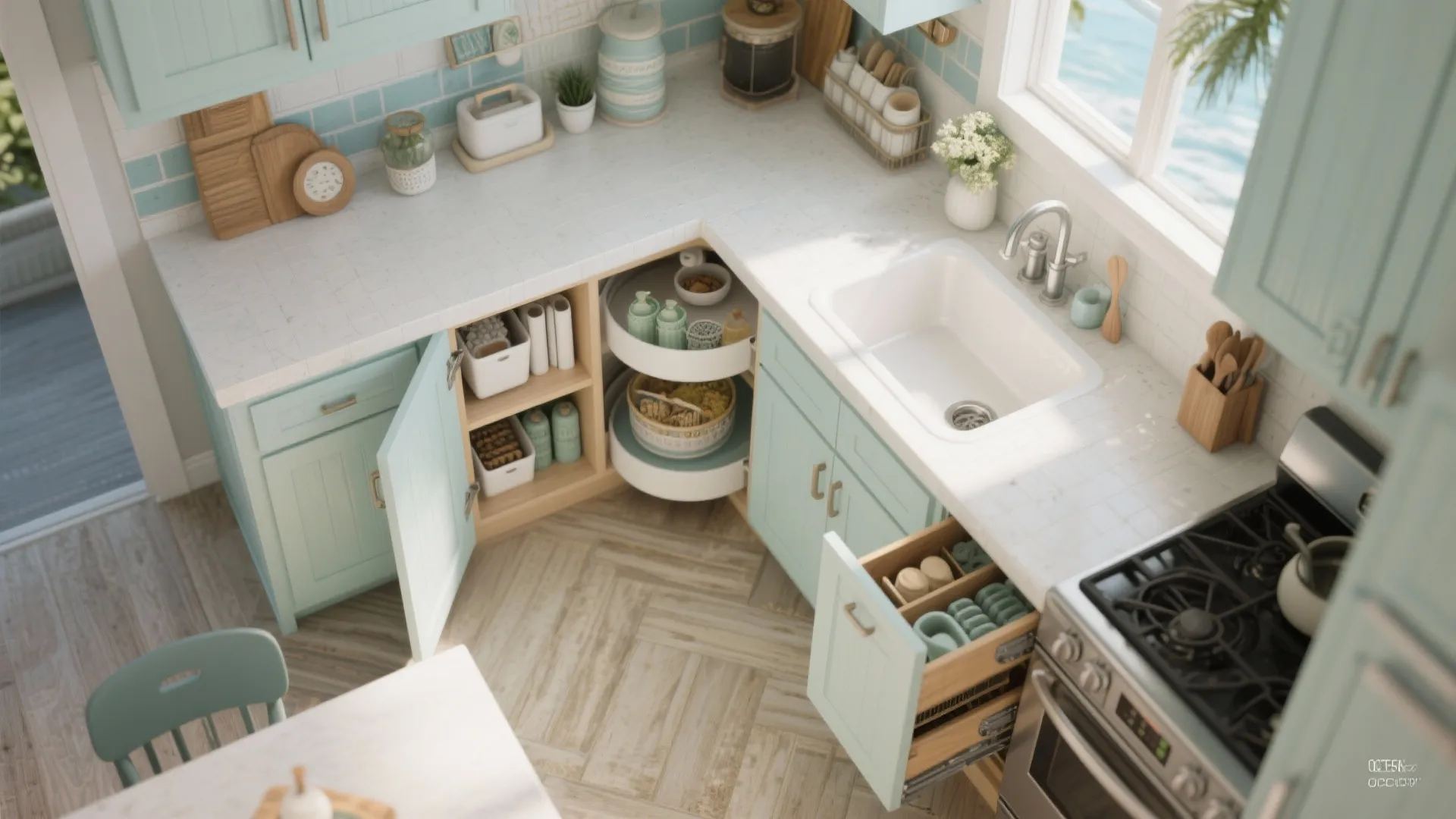Top-down view of compact kitchen with smart storage features