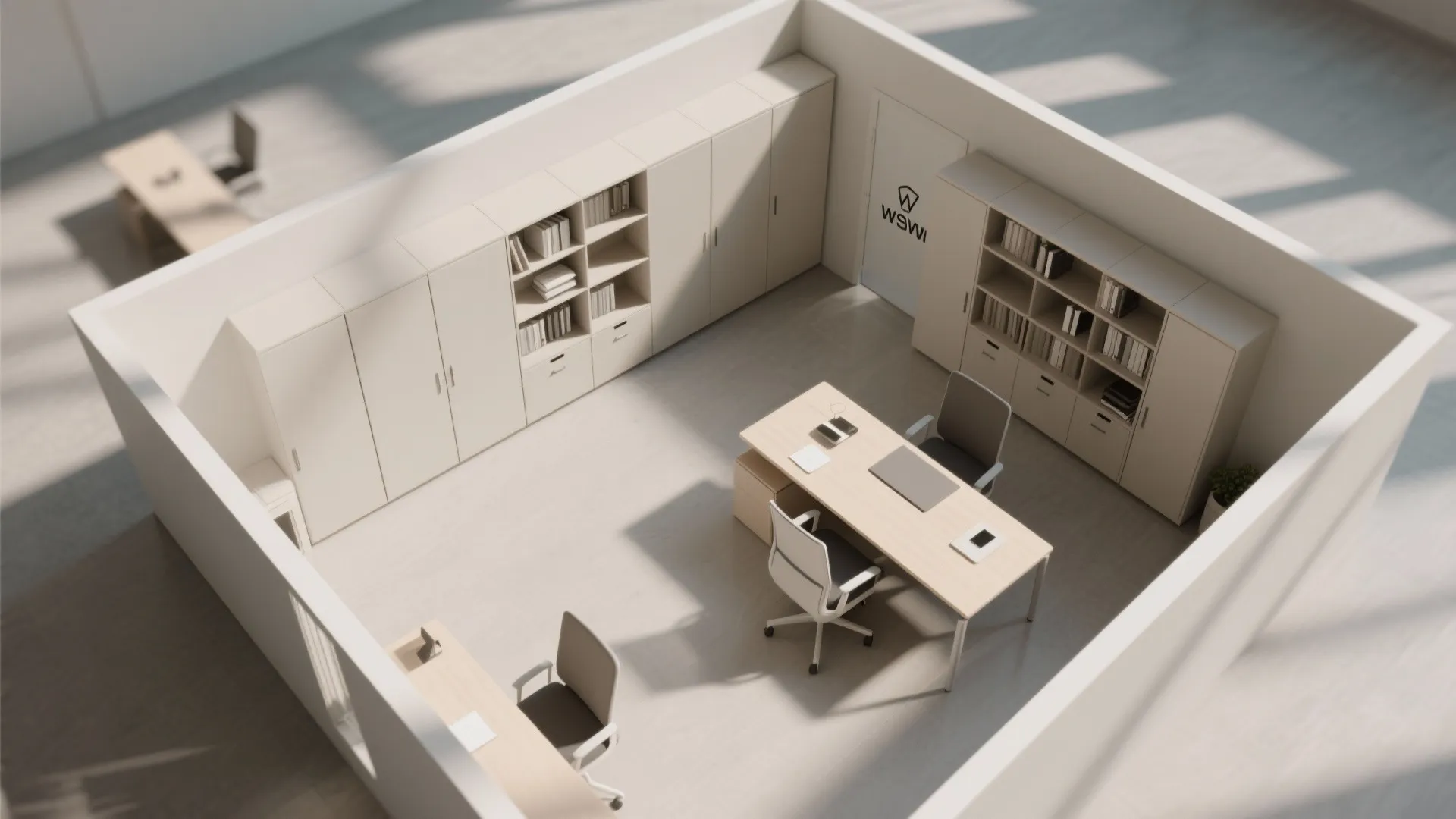 Top view of a modern office room layout with desks chairs and large white cabinets
