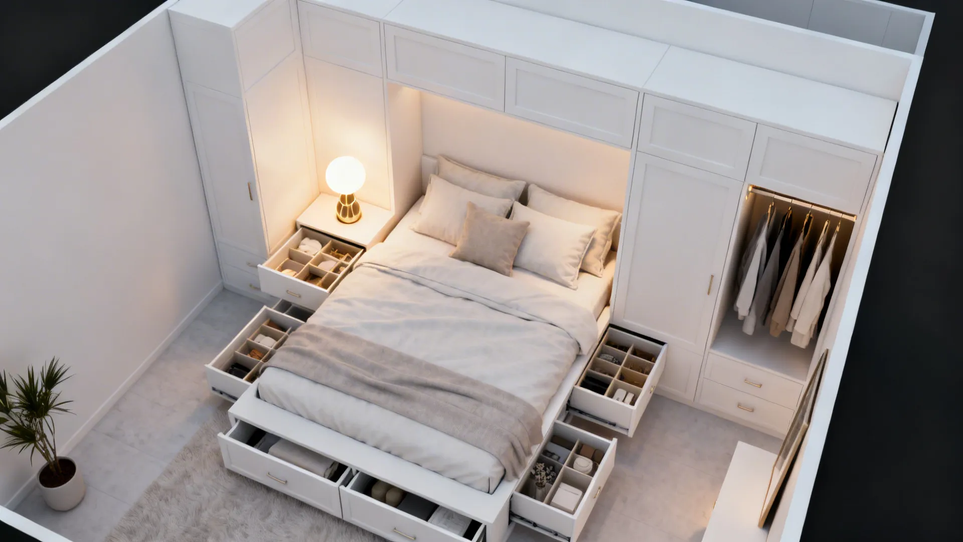 Top-down layout showing built-in white storage and under-bed drawers in a compact bedroom