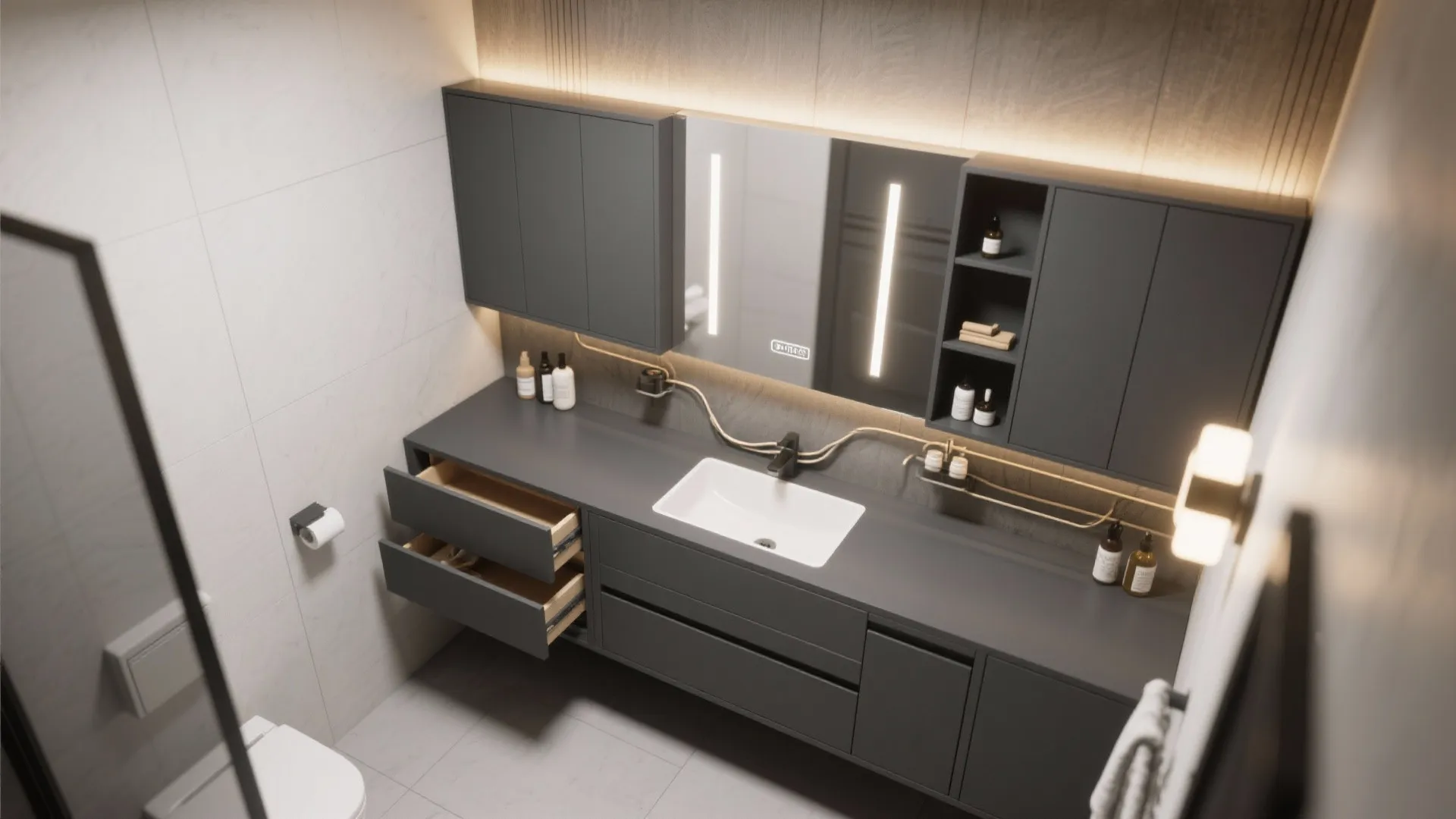 4. Integrate smart storage and mirror lighting