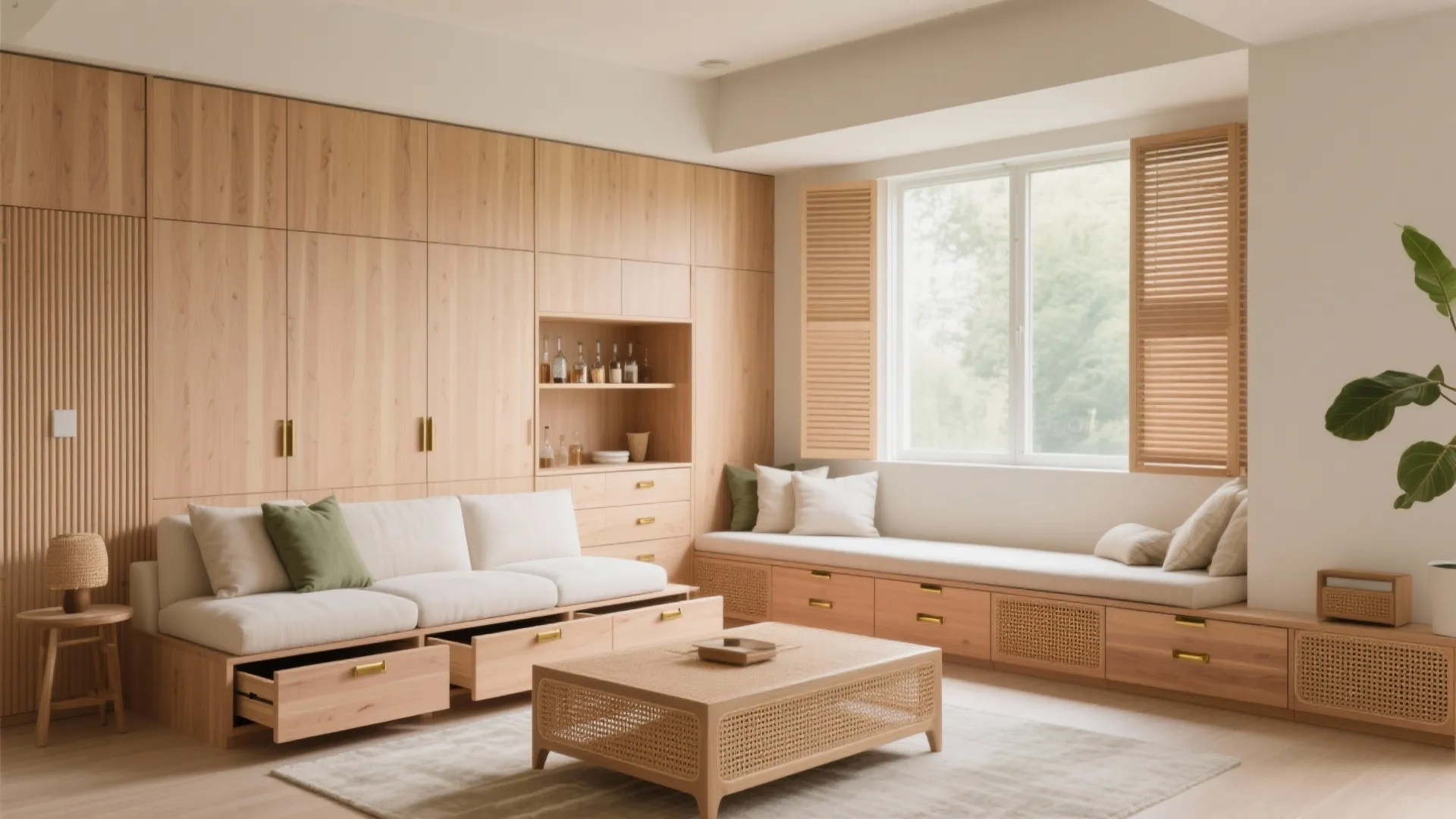 5) Smart Storage and Modular Furniture with Natural Textures