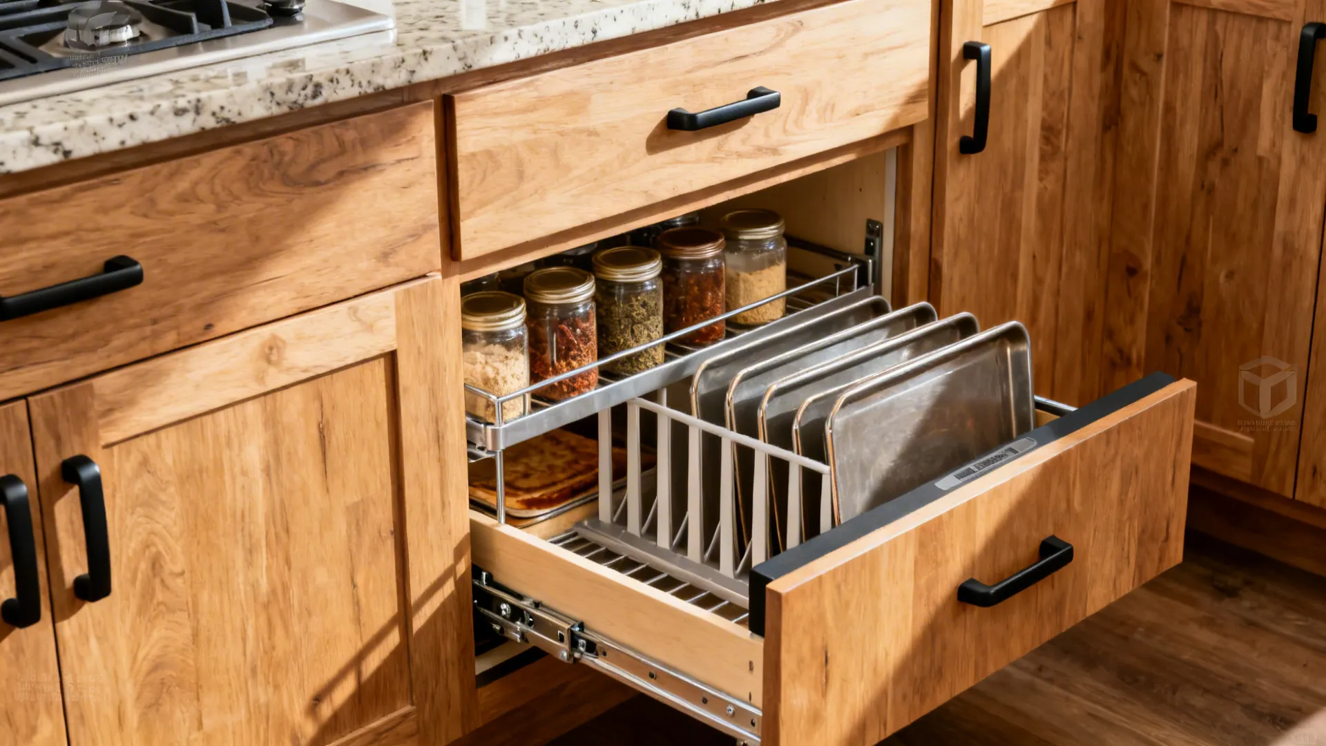 Macro of a pull-out pantry and vertical dividers with toe-kick drawer in a small kitchen.