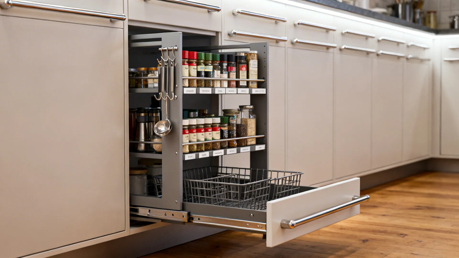 Macro of a slim spice pull-out, rail system, and toe-kick drawer in a galley kitchen.