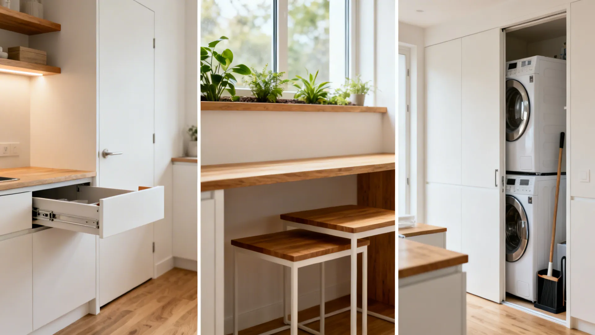 Three panels showing open drawer window plants small table and stacked washer dryer in cabinet