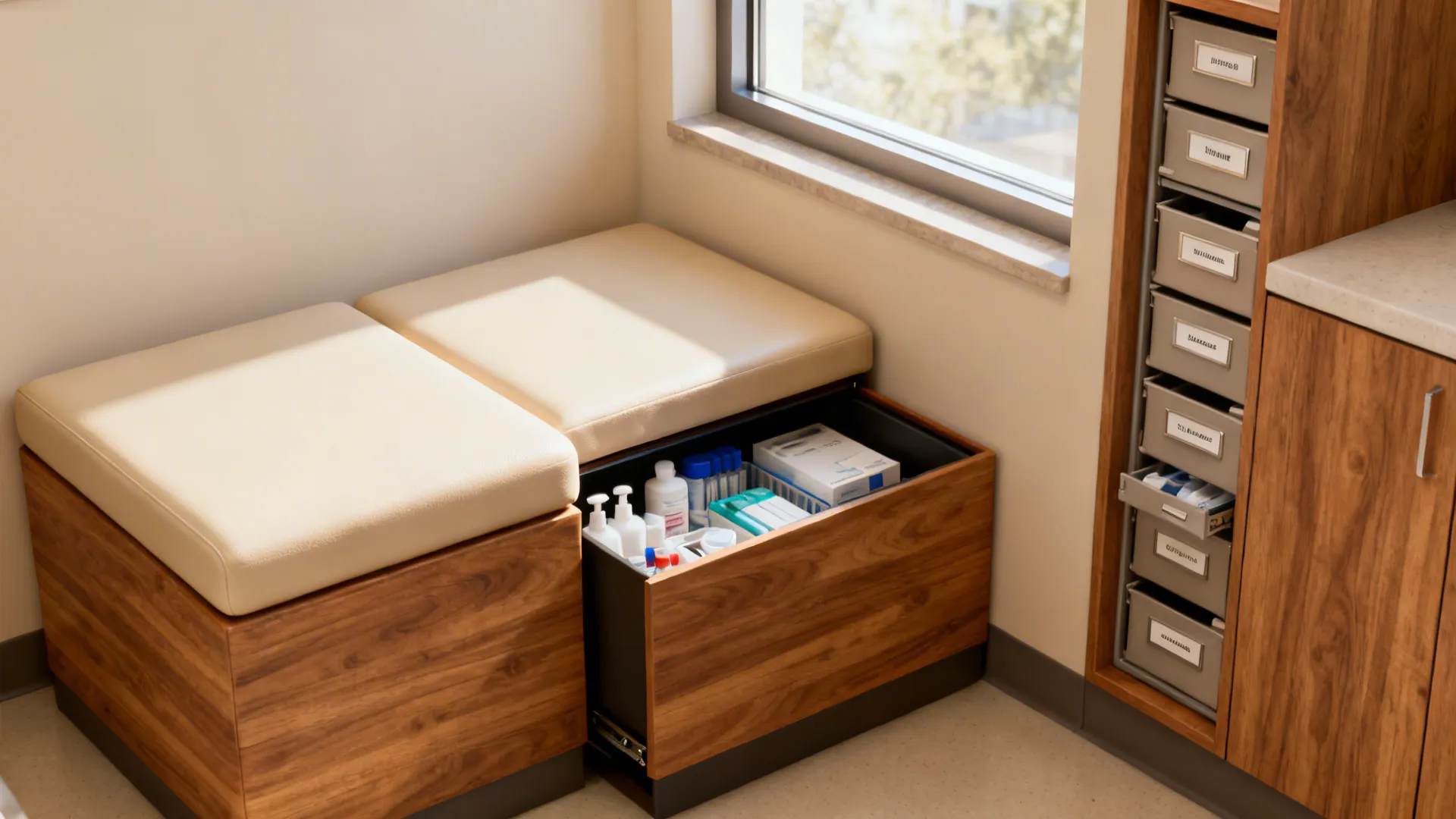 Hidden ottoman and slim built-in cabinet with organized medical supplies in a living room.