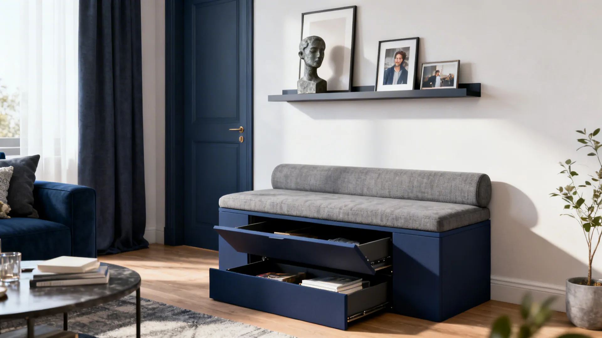 Small living room with hidden storage bench, minimalist gallery shelf and navy-grey color scheme