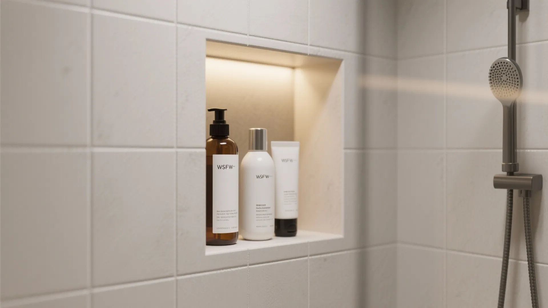 Recessed wall shelf in shower containing three bottles of soap beside a grey shower head