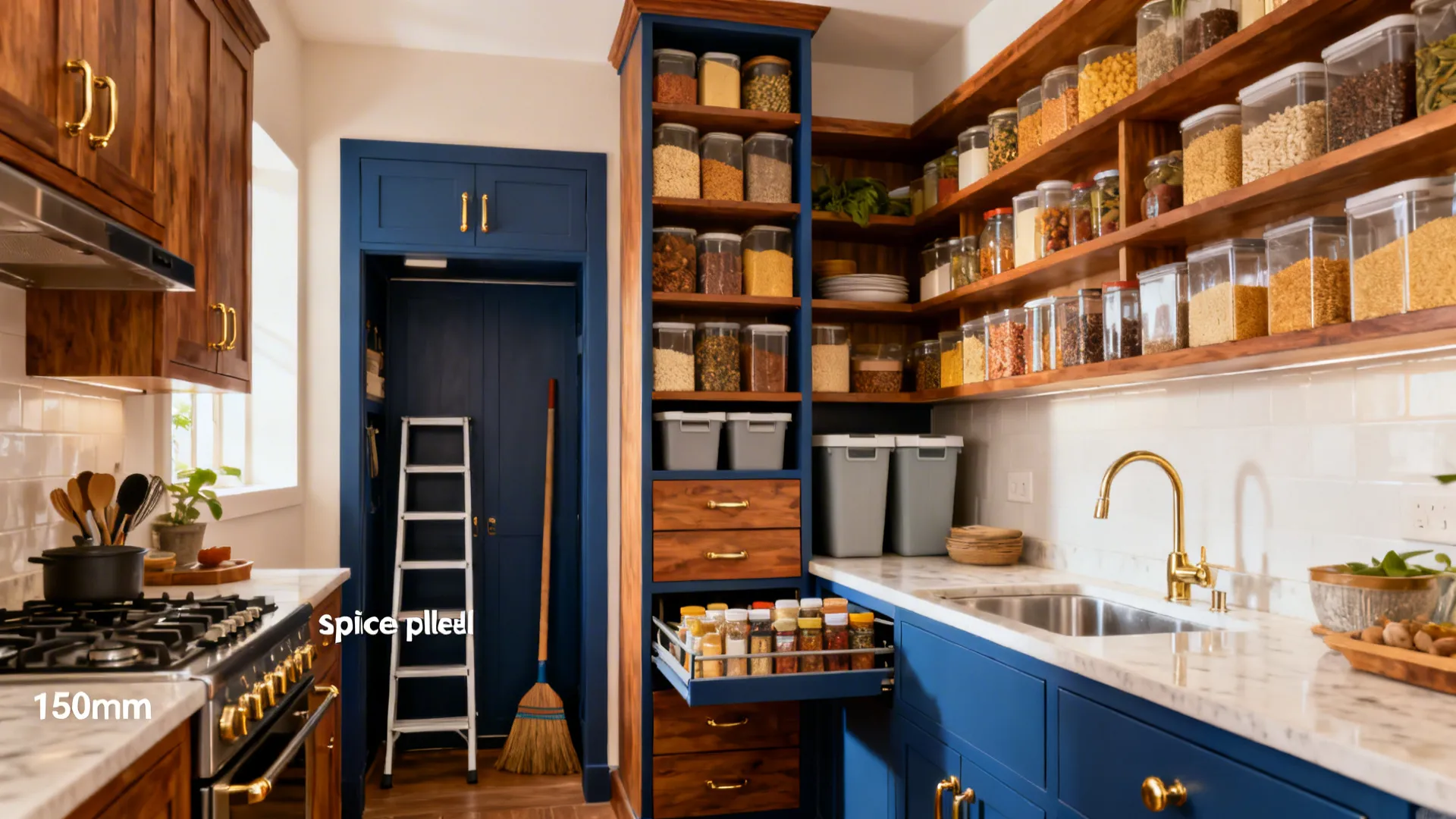 Smart storage: pull-outs, verticals, and a pantry column
