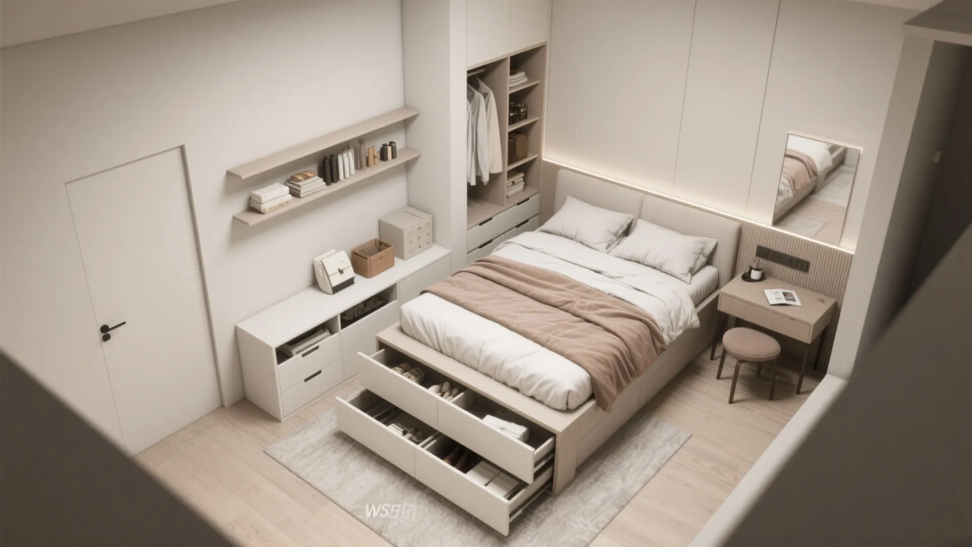 Small bedroom layout featuring storage bed with open drawers, white wardrobe, and wall mounted shelves