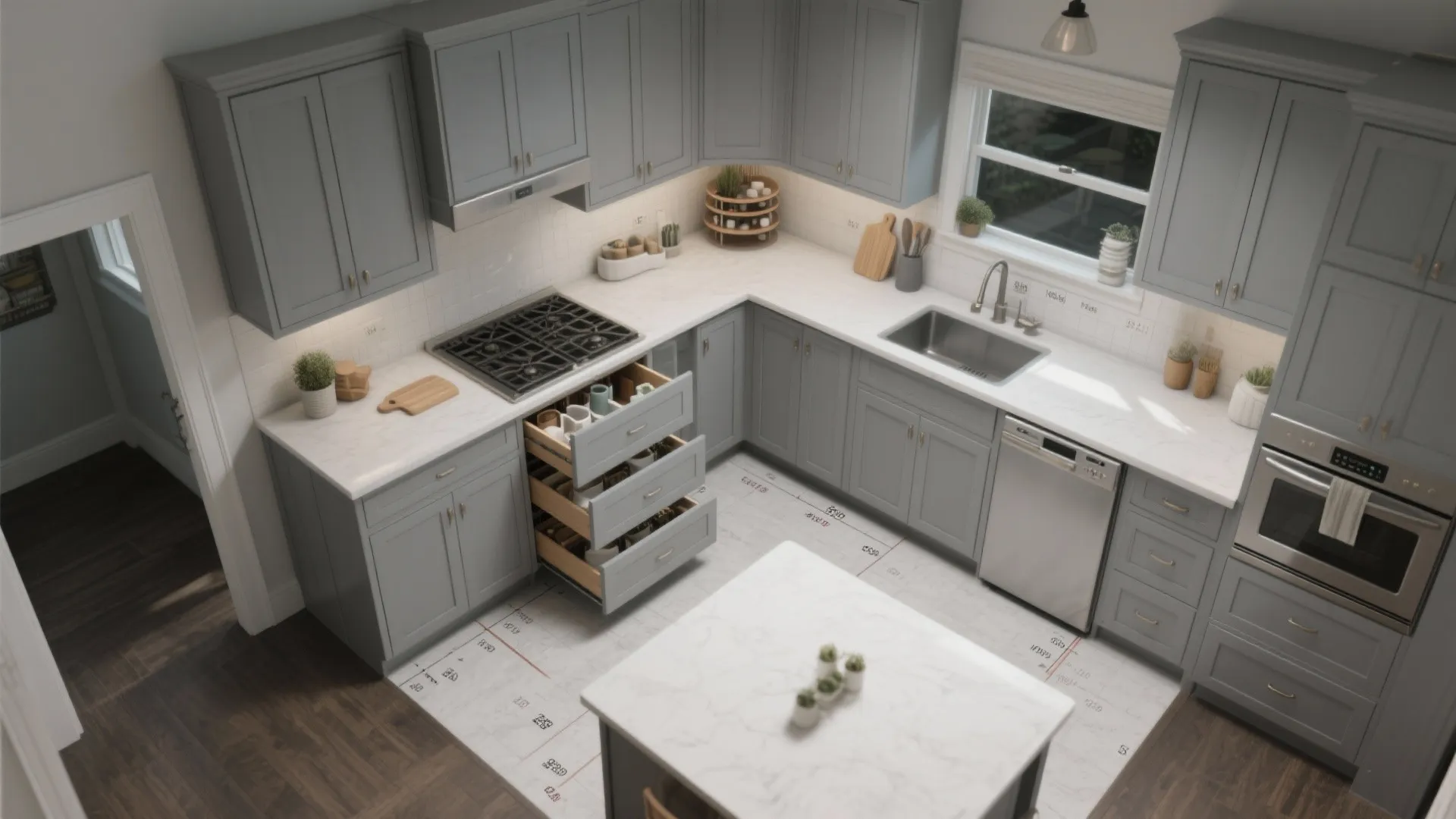 Top-down view of compact grey shaker kitchen showing pull-out pantry and integrated drawers