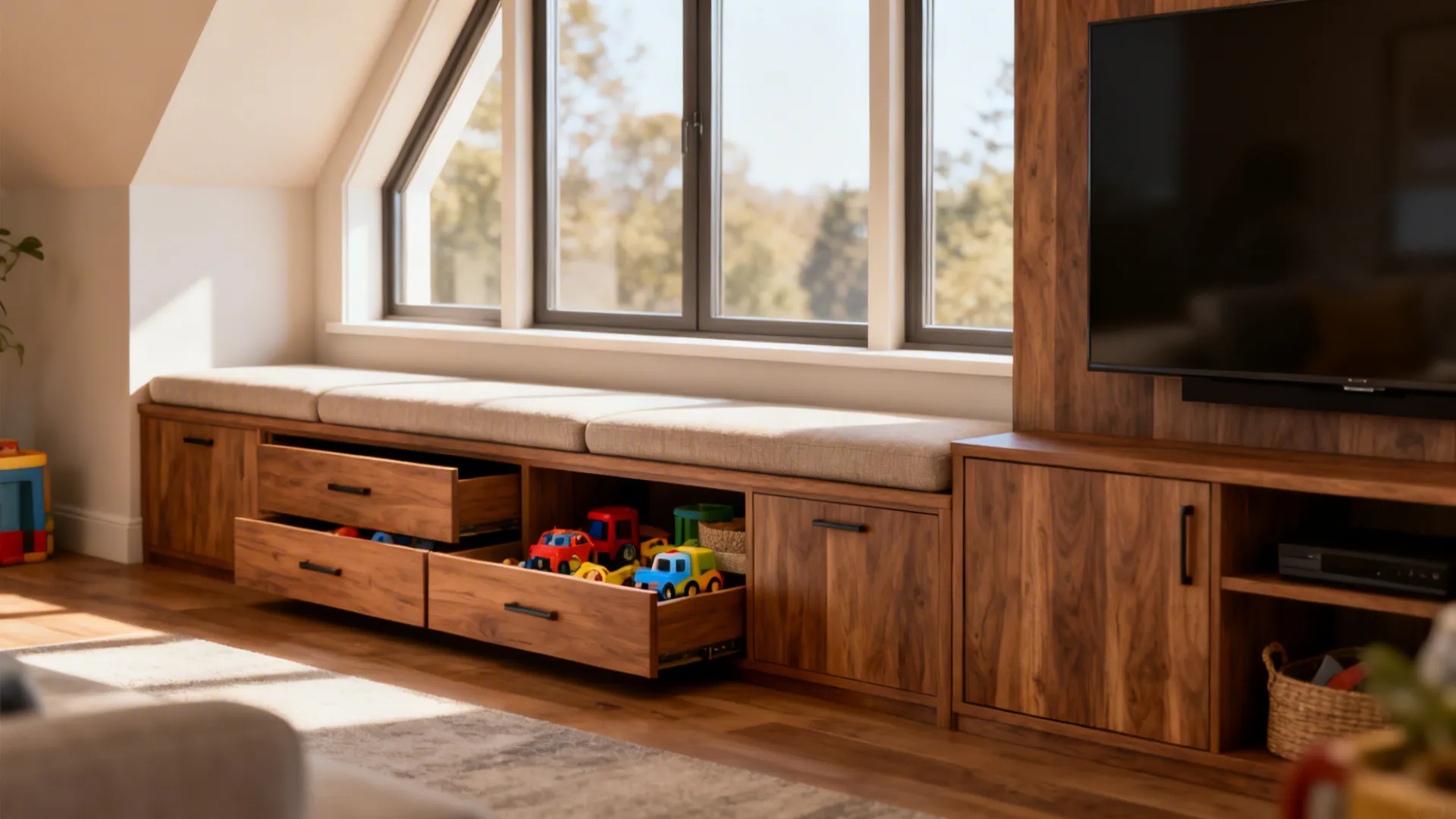 Built-in storage and a window seat with deep drawers along the short wall of a half‑vaulted living room.