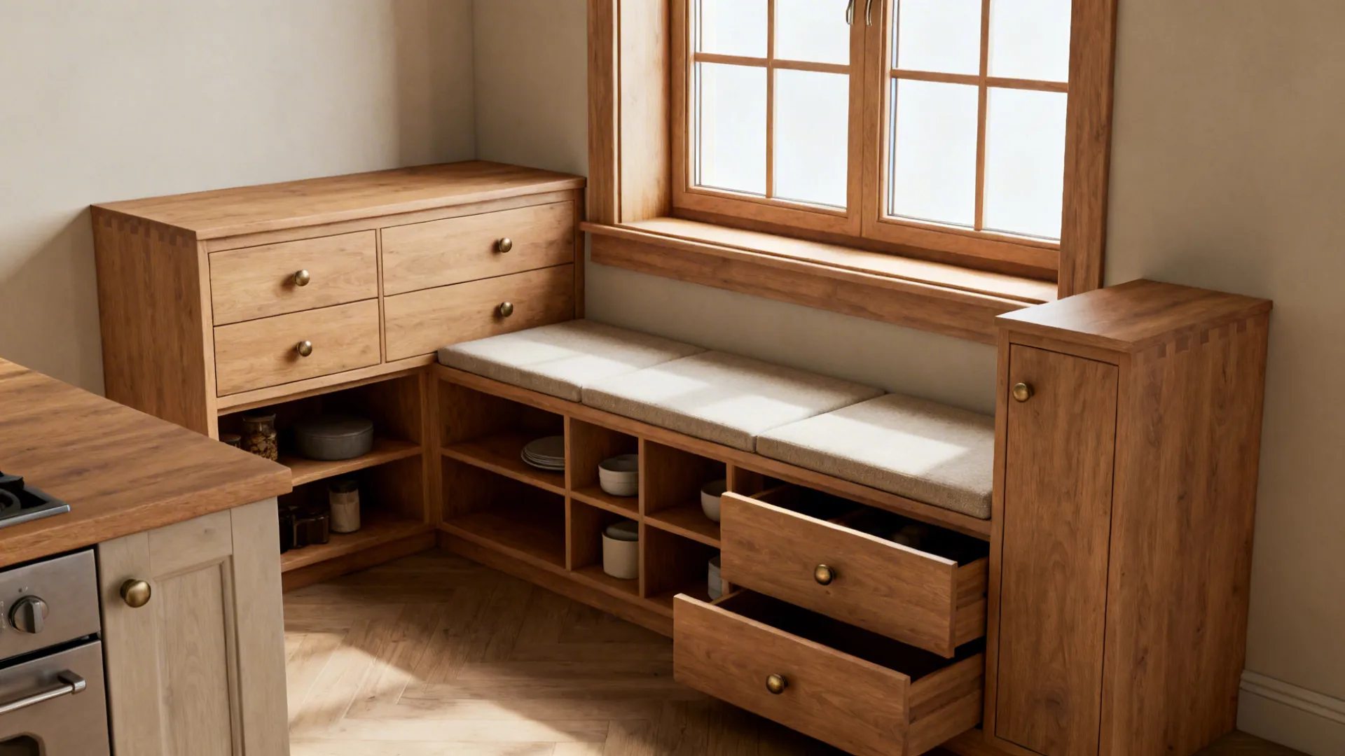 Built-in bench, shallow pantry shelving and multi-use seating for optimized ranch storage