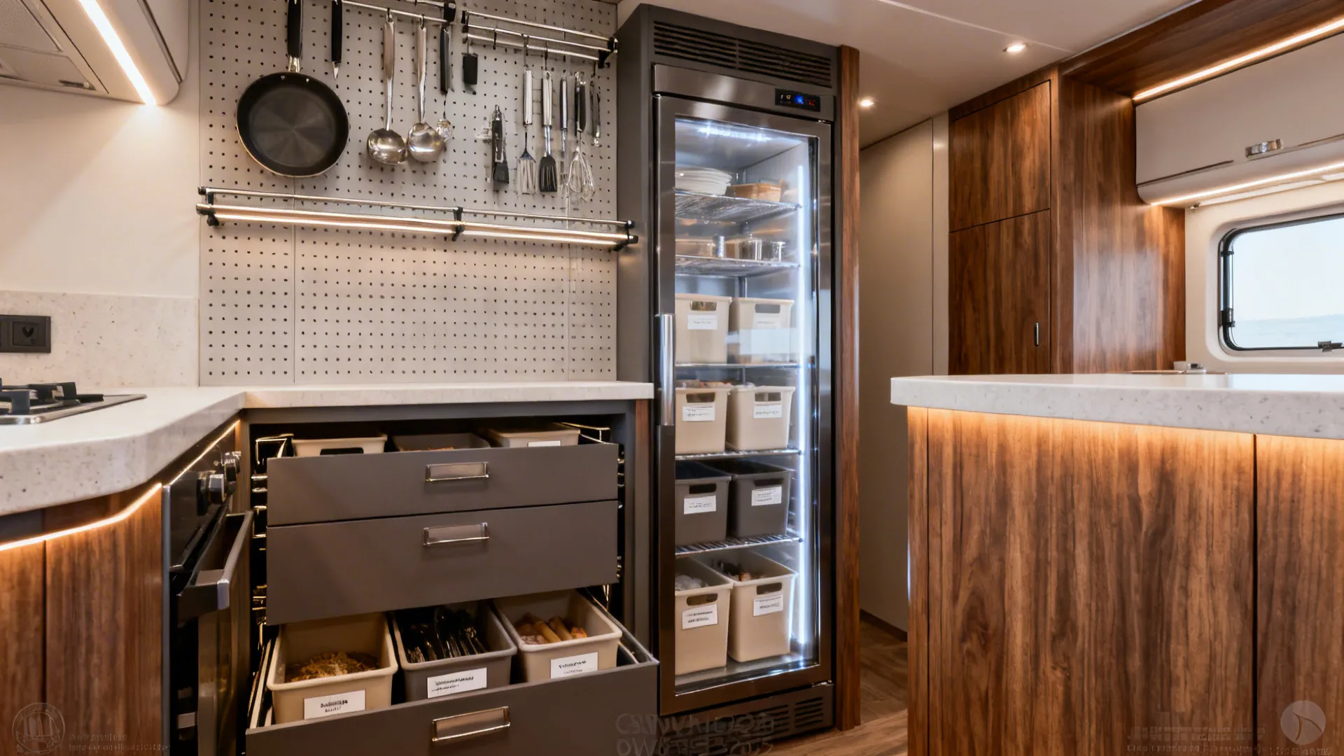 Suite kitchen with vertical pegboards, undershelf rails, slim pull-outs, and warm wood fronts.