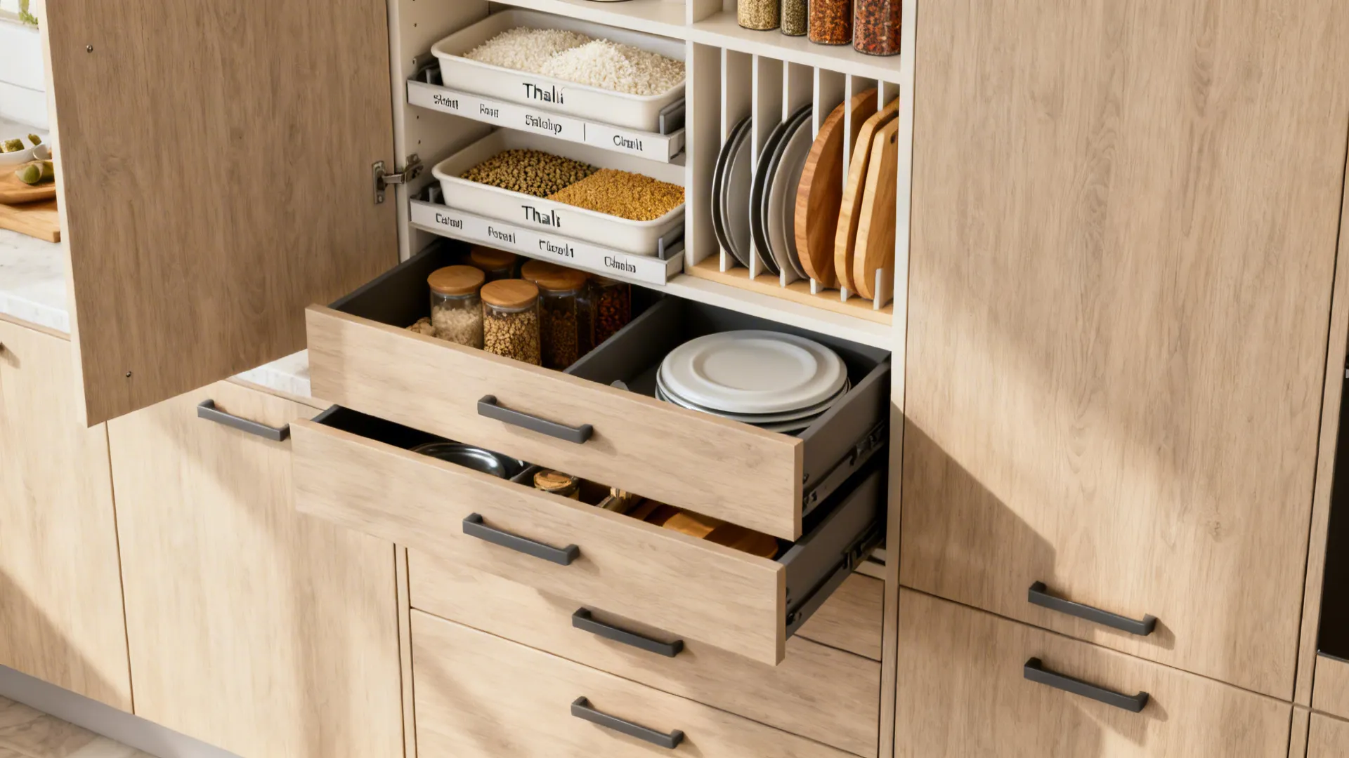 Tall pantry with inner drawers and vertical dividers optimizing compact kitchen storage.