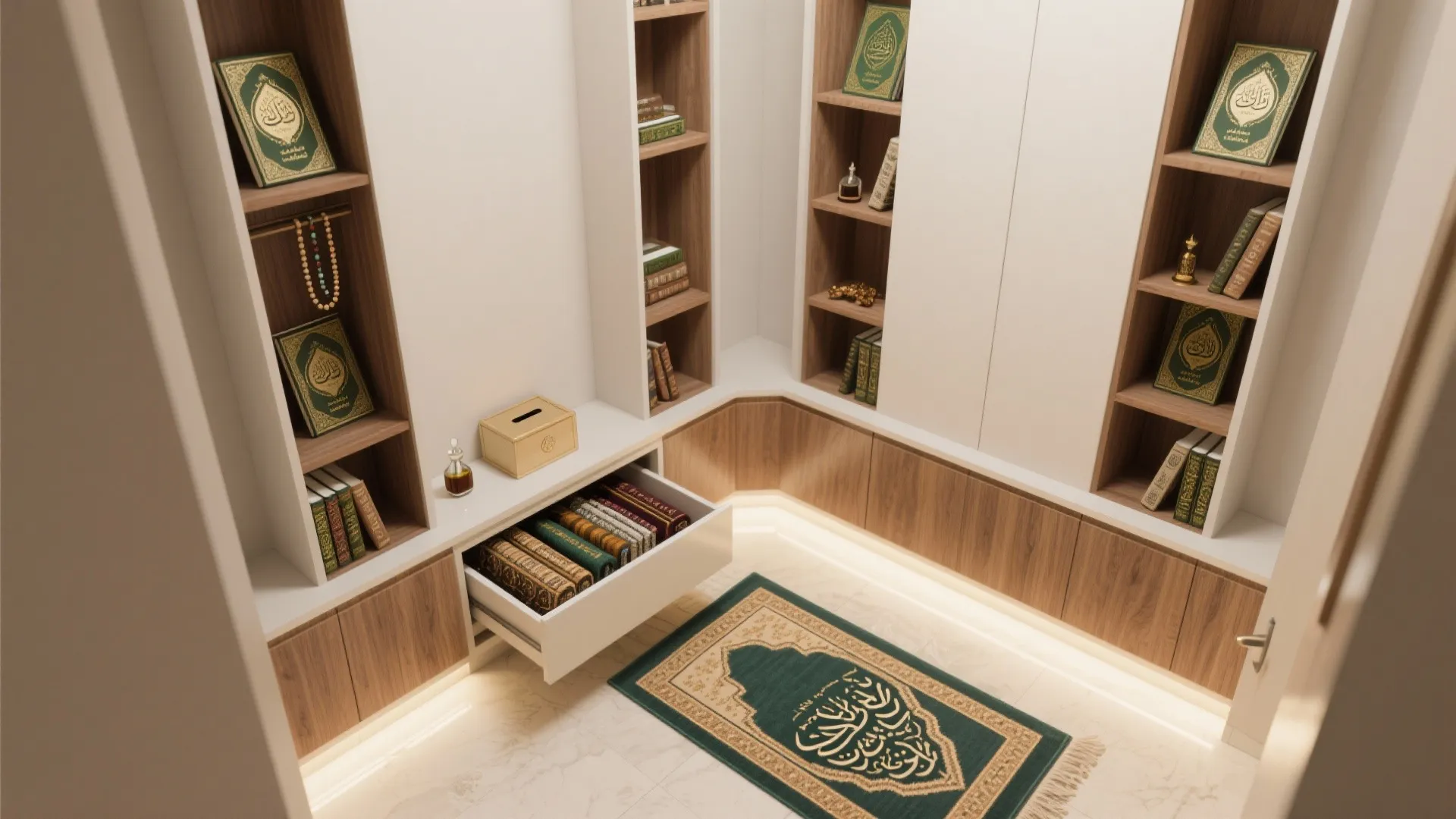 Smart Storage: Slim Shelves, Prayer Rug Drawer, and Sadaqah Box