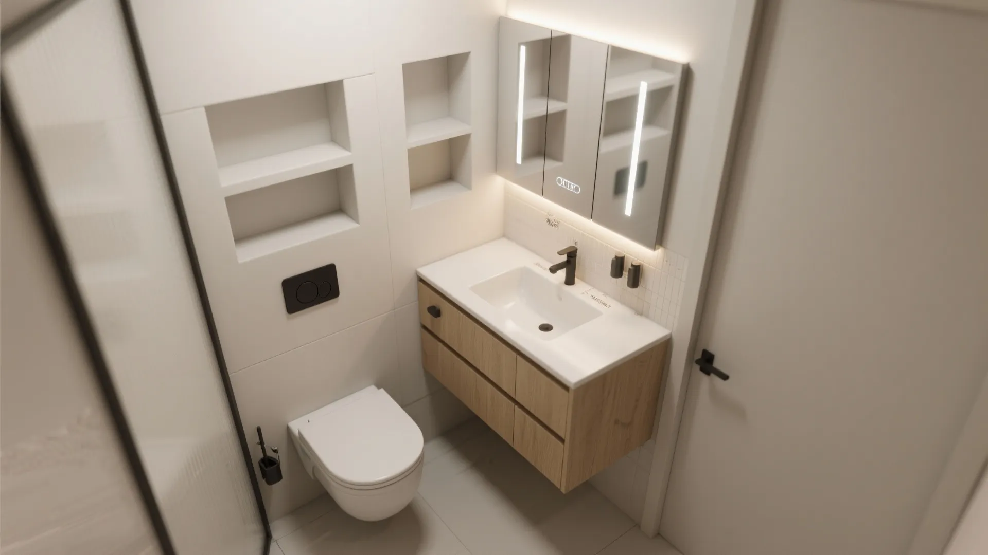Top-down view of a compact bathroom layout with floating vanity, recessed niches and corner toilet.