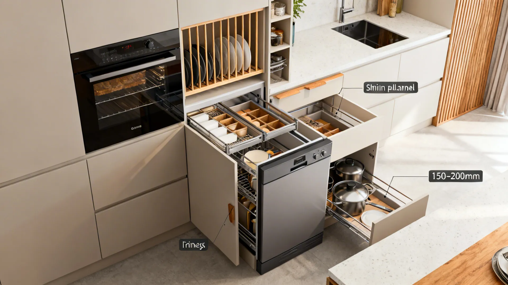 Smart storage: vertical zones, drawer inserts, and pocket doors