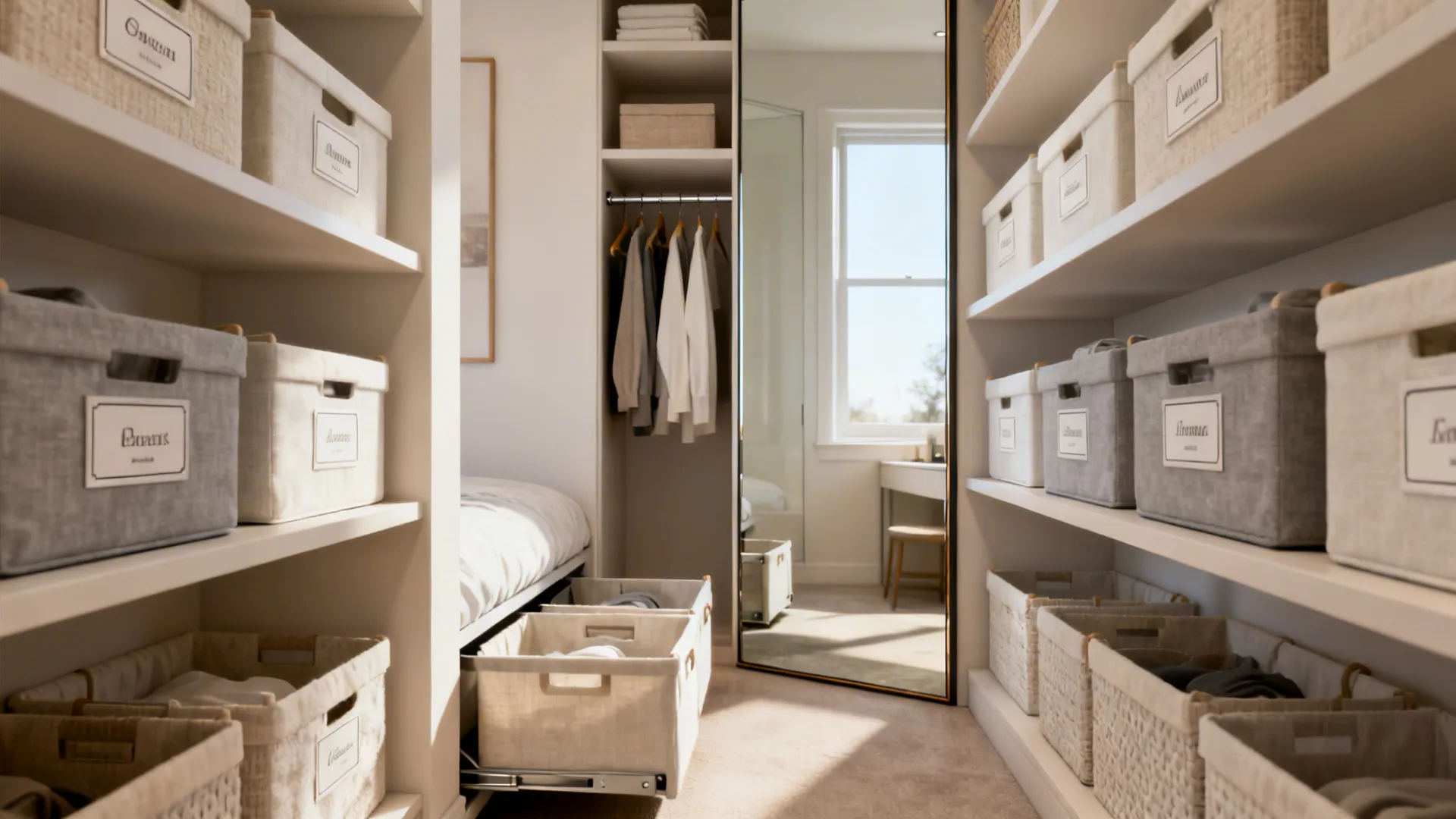 Compact guest room using floating shelves, labeled baskets, under-bed storage and a mirror to maximize space